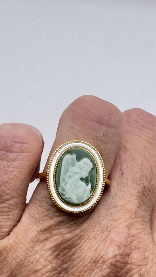 Vintage Green Onyx Angel Cameo Gold 925 Sterling Silver Cocktail Ring