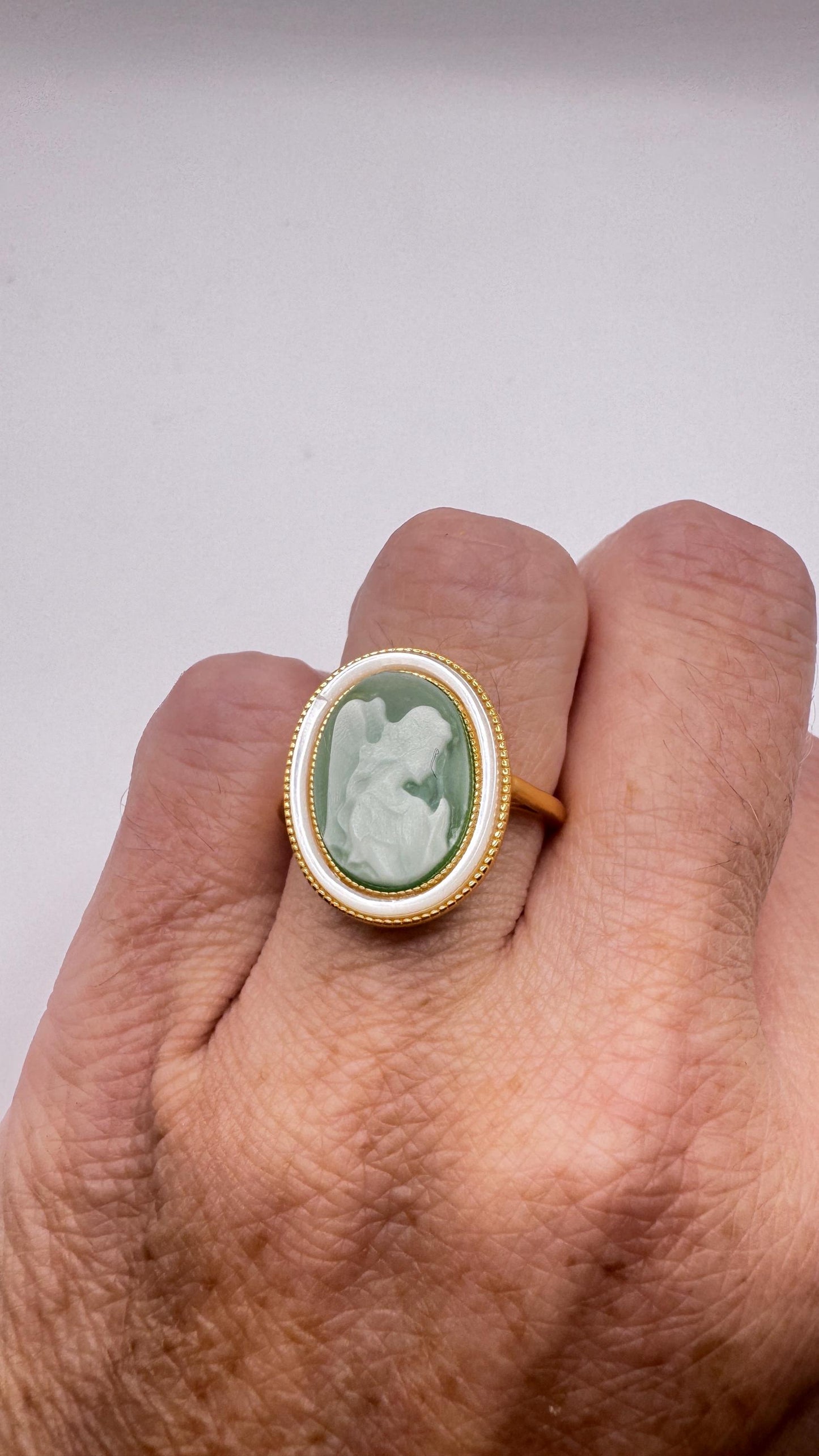 Vintage Green Onyx Angel Cameo Gold 925 Sterling Silver Cocktail Ring