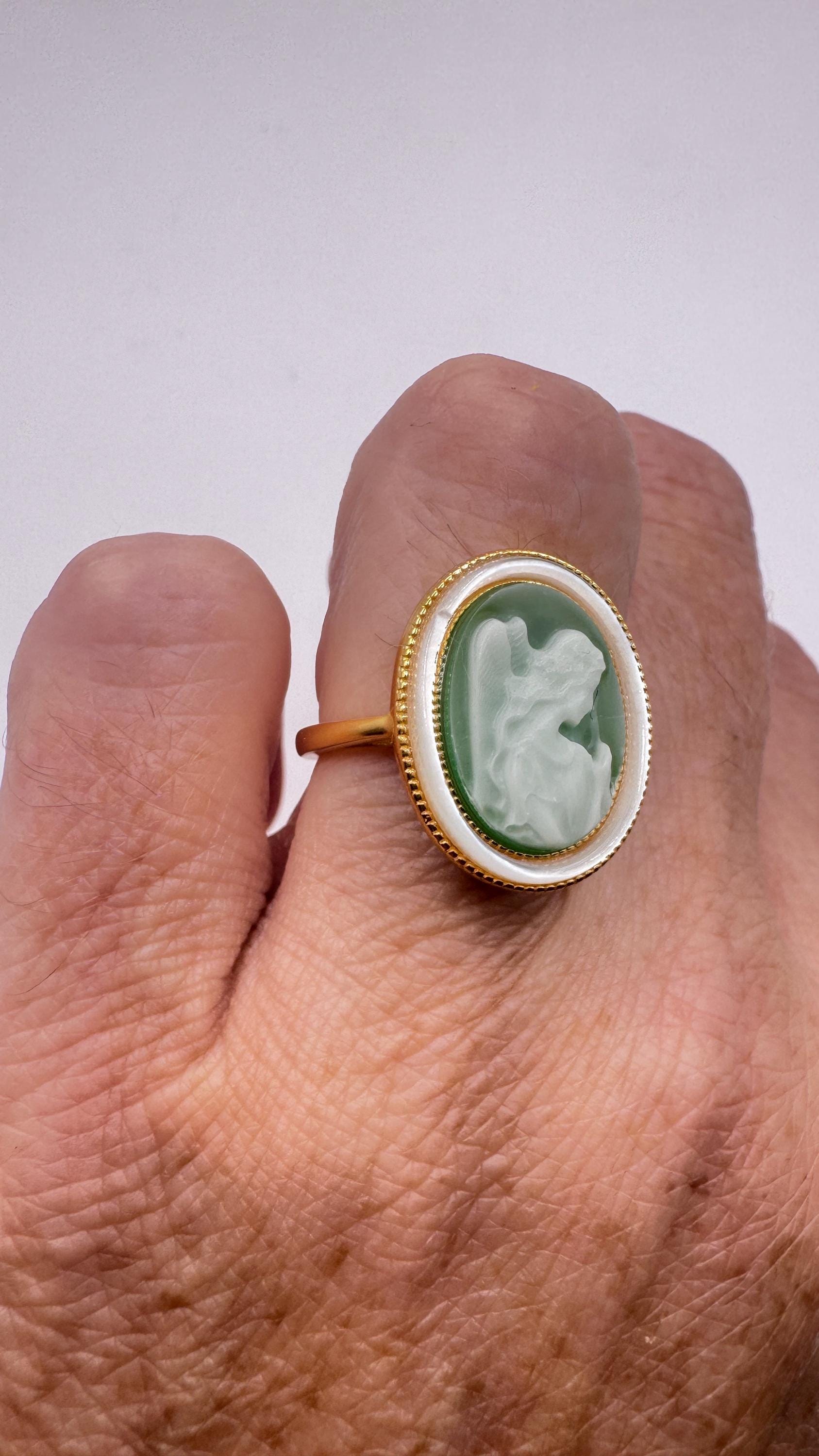Vintage Green Onyx Angel Cameo Gold 925 Sterling Silver Cocktail Ring