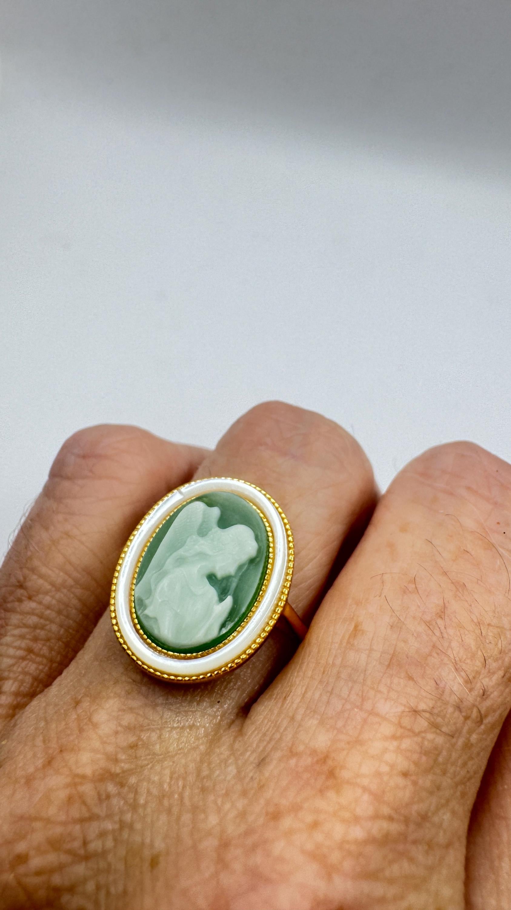 Vintage Green Onyx Angel Cameo Gold 925 Sterling Silver Cocktail Ring