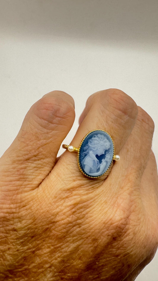 Vintage Blue Onyx Rose Cameo Gold 925 Sterling Silver Cocktail Ring