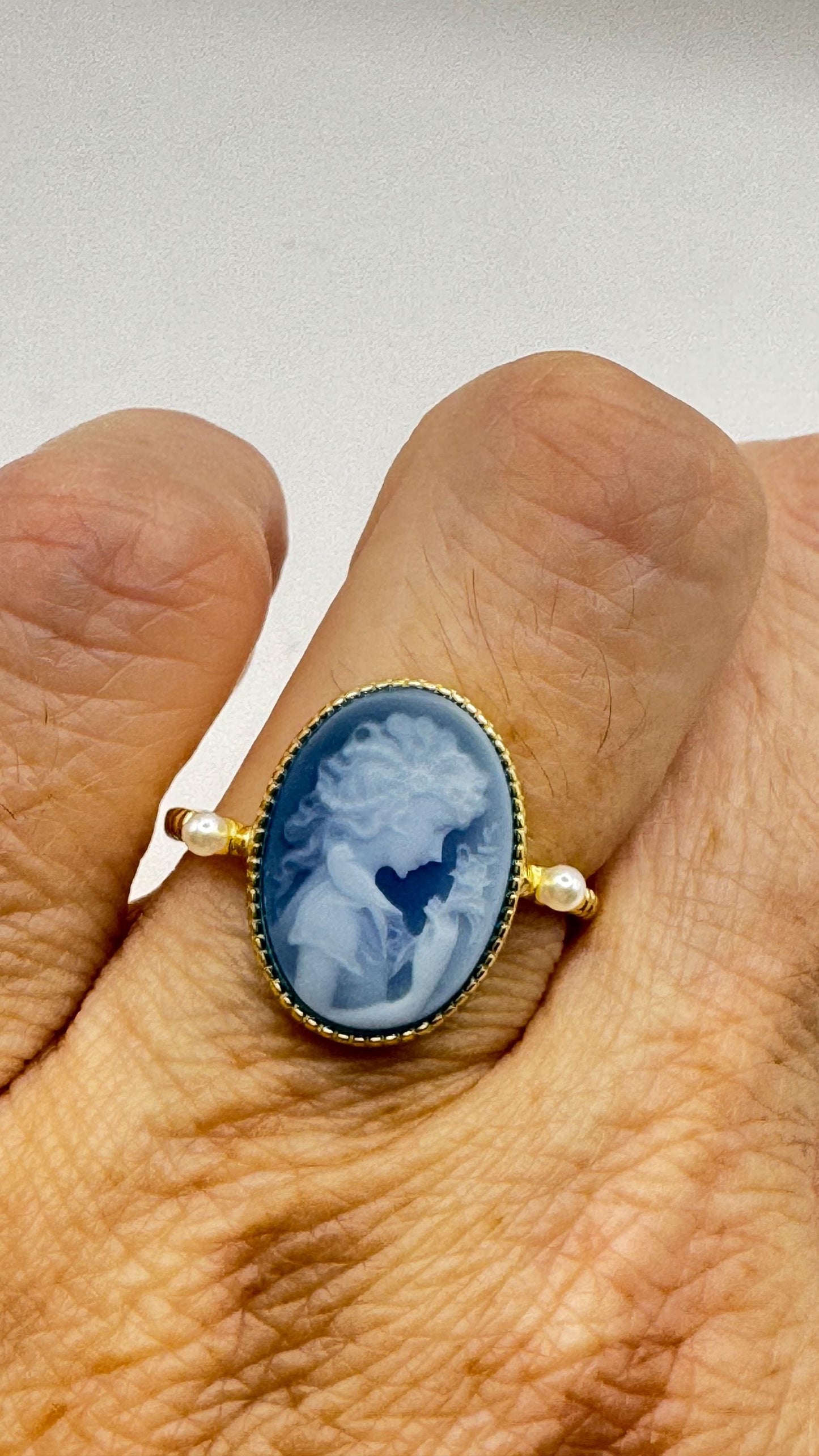 Vintage Blue Onyx Rose Cameo Gold 925 Sterling Silver Cocktail Ring