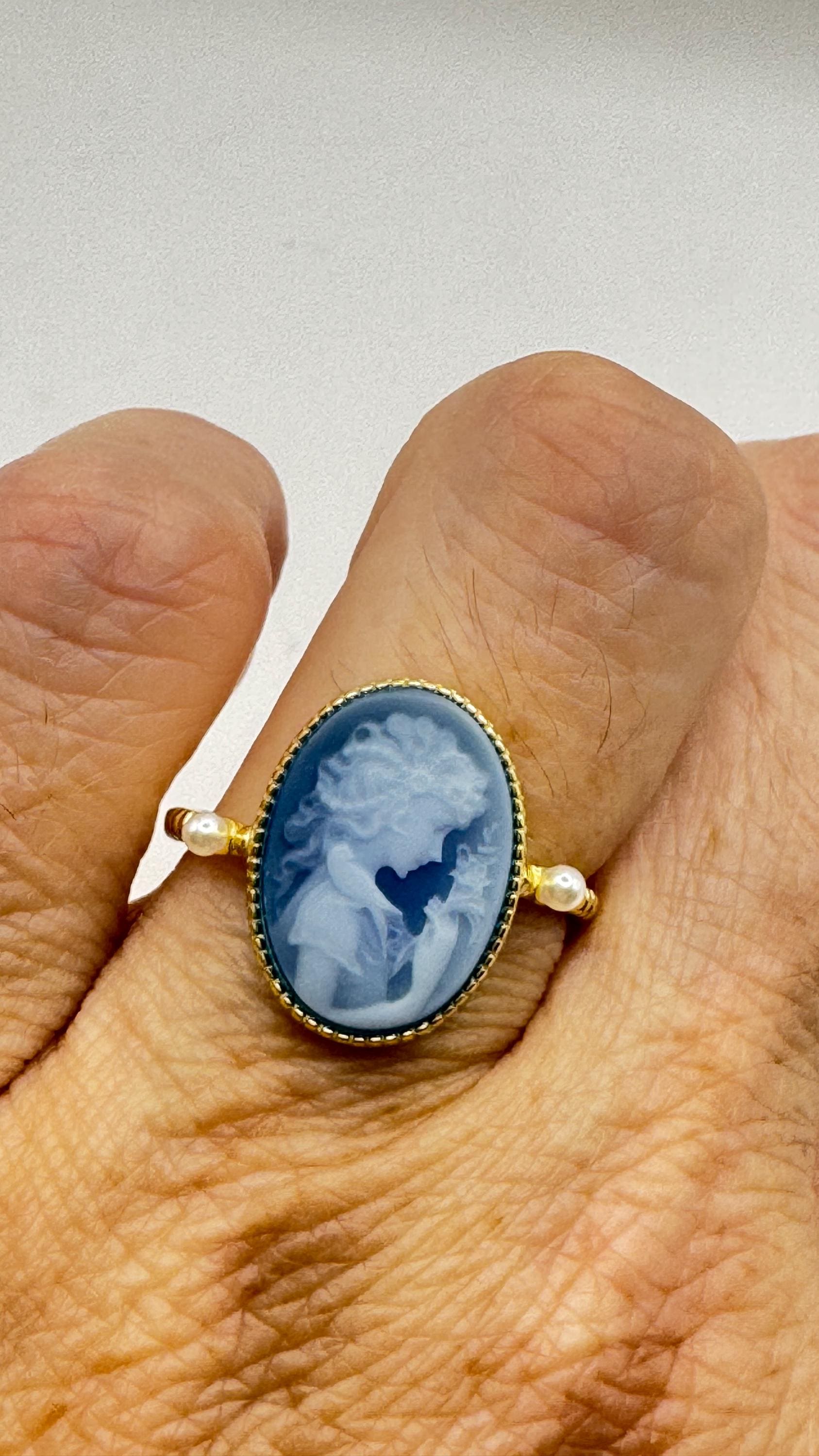 Vintage Blue Onyx Rose Cameo Gold 925 Sterling Silver Cocktail Ring