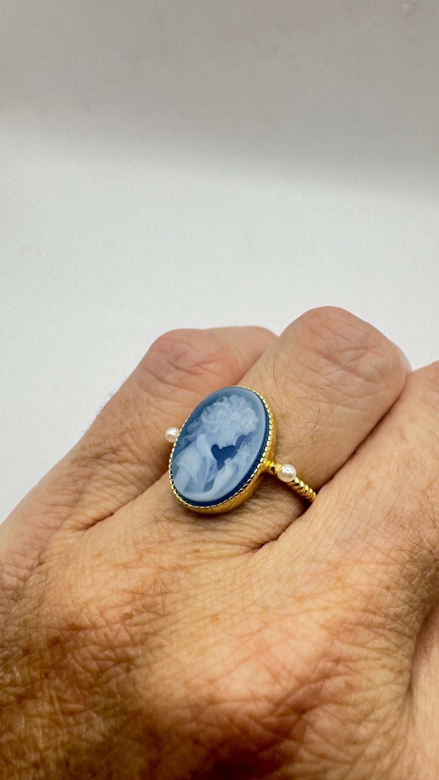 Vintage Blue Onyx Rose Cameo Gold 925 Sterling Silver Cocktail Ring