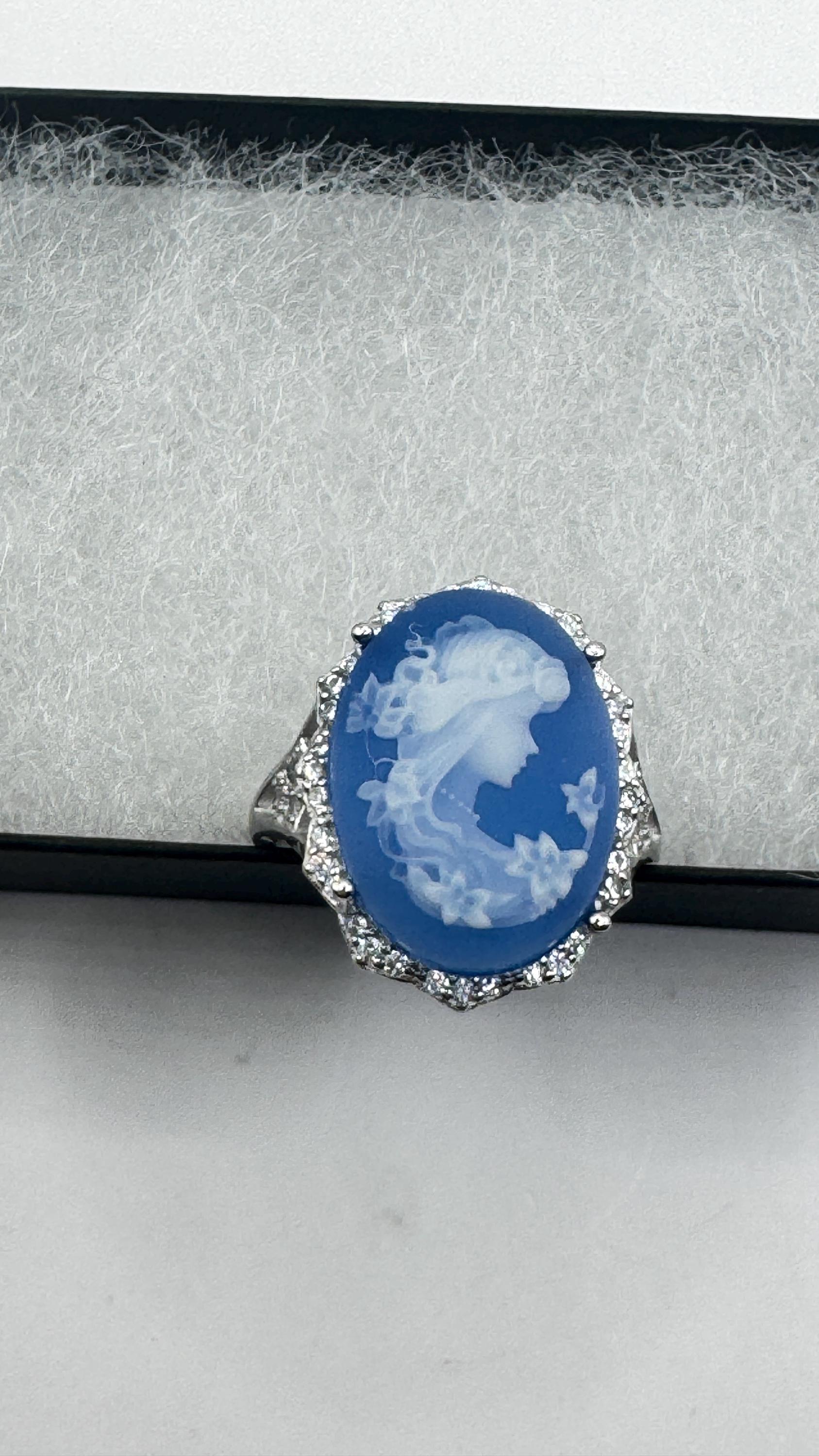 Vintage Blue Onyx Rose Cameo Gold 925 Sterling Silver Cocktail Ring