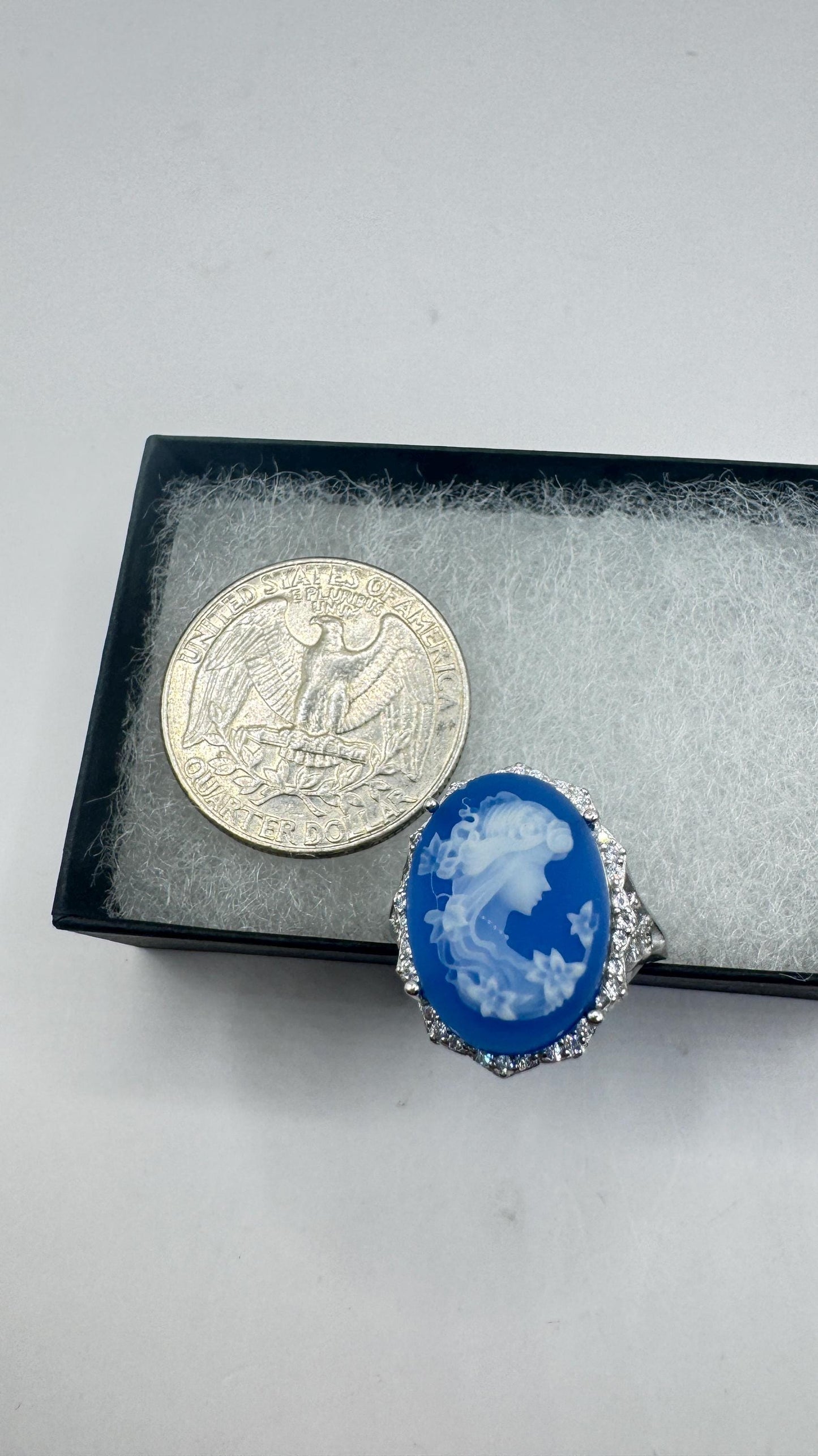 Vintage Blue Onyx Rose Cameo Gold 925 Sterling Silver Cocktail Ring