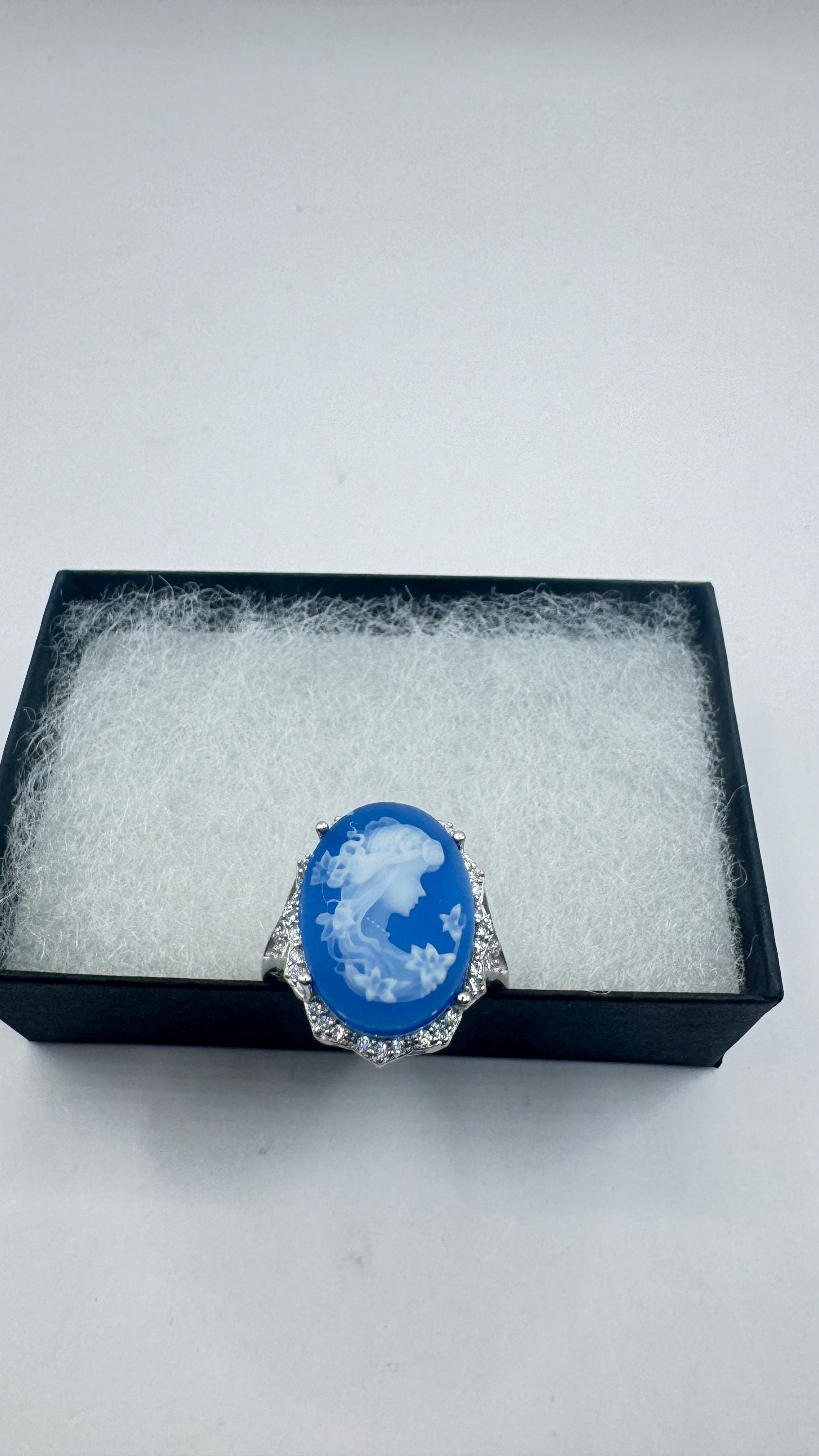 Vintage Blue Onyx Rose Cameo Gold 925 Sterling Silver Cocktail Ring