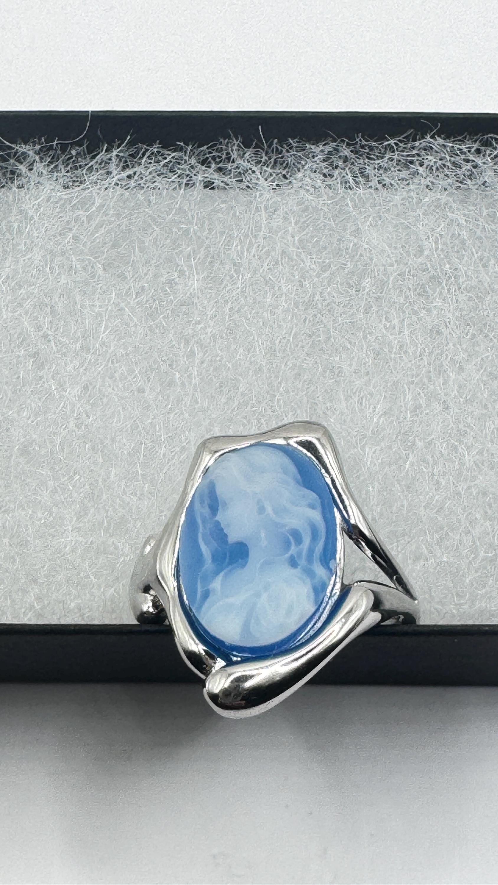 Vintage Blue Onyx Rose Cameo Gold 925 Sterling Silver Cocktail Ring