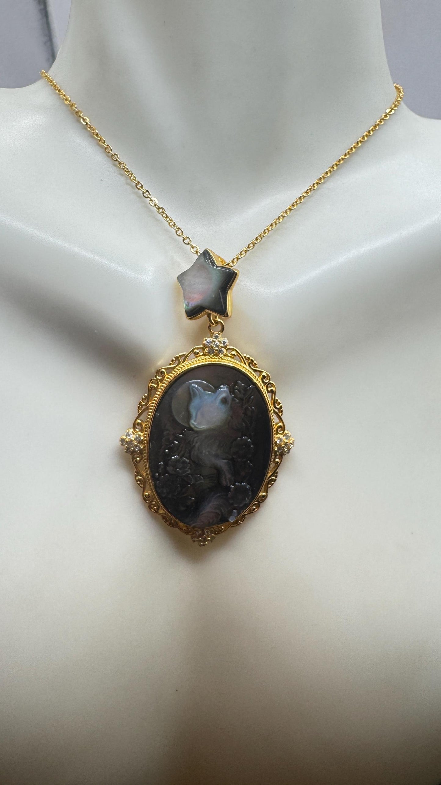 Vintage Cameo Cat 925 Sterling Silver Necklace Choker