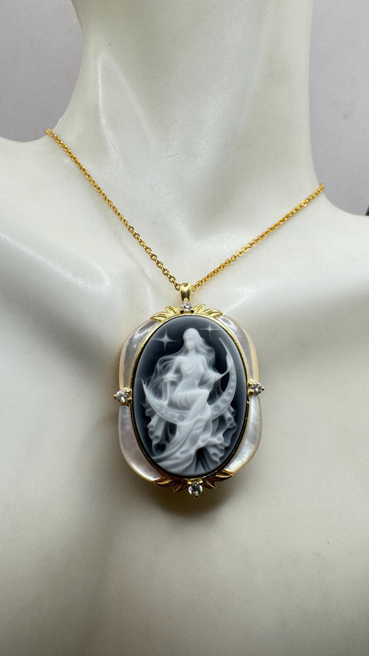 Vintage Moon Goddess Genuine Black Onyx Cameo Gold Sterling Silver Necklace Pin Brooch