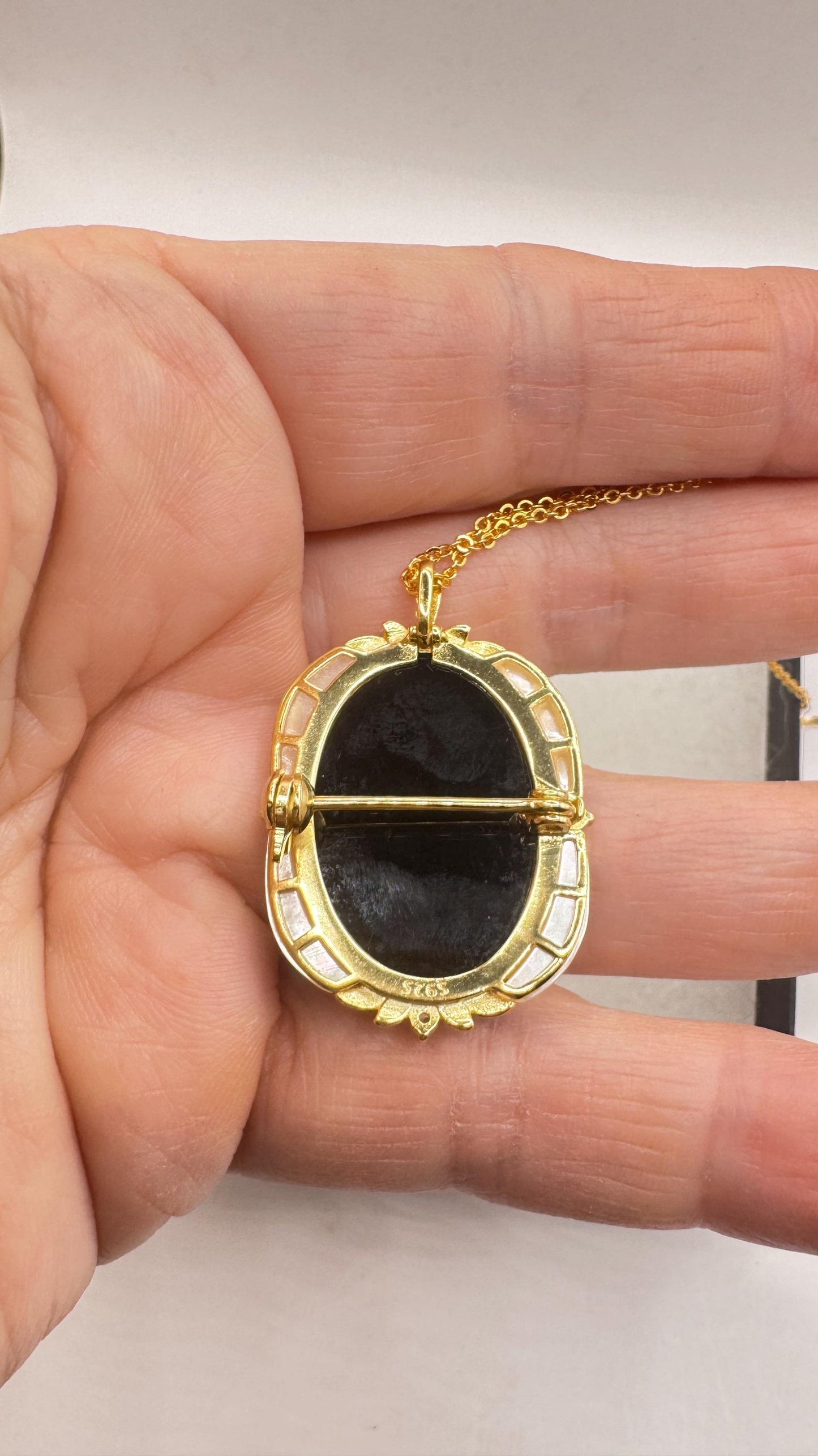 Vintage Moon Goddess Genuine Black Onyx Cameo Gold Sterling Silver Necklace Pin Brooch