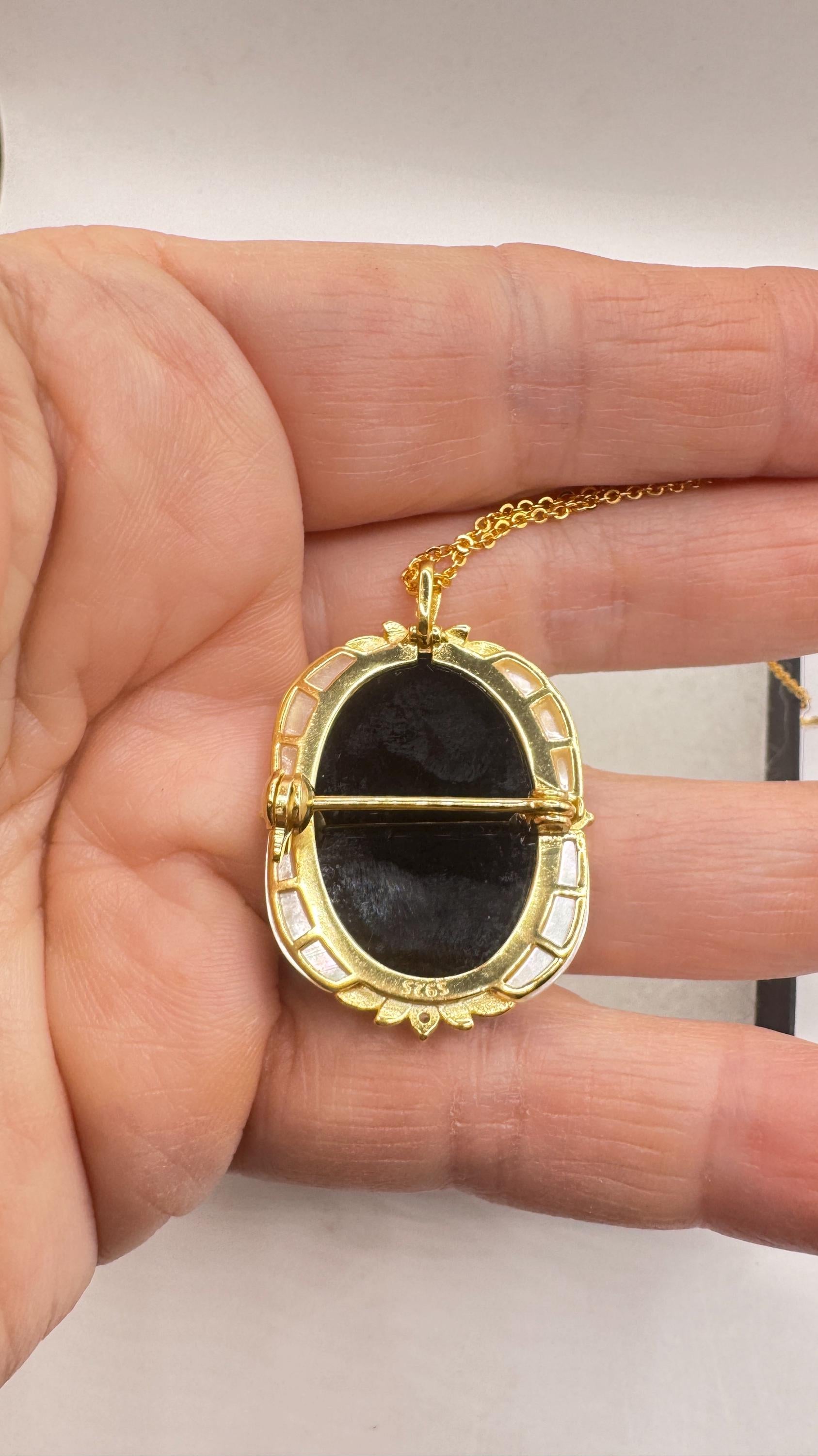 Vintage Moon Goddess Genuine Black Onyx Cameo Gold Sterling Silver Necklace Pin Brooch