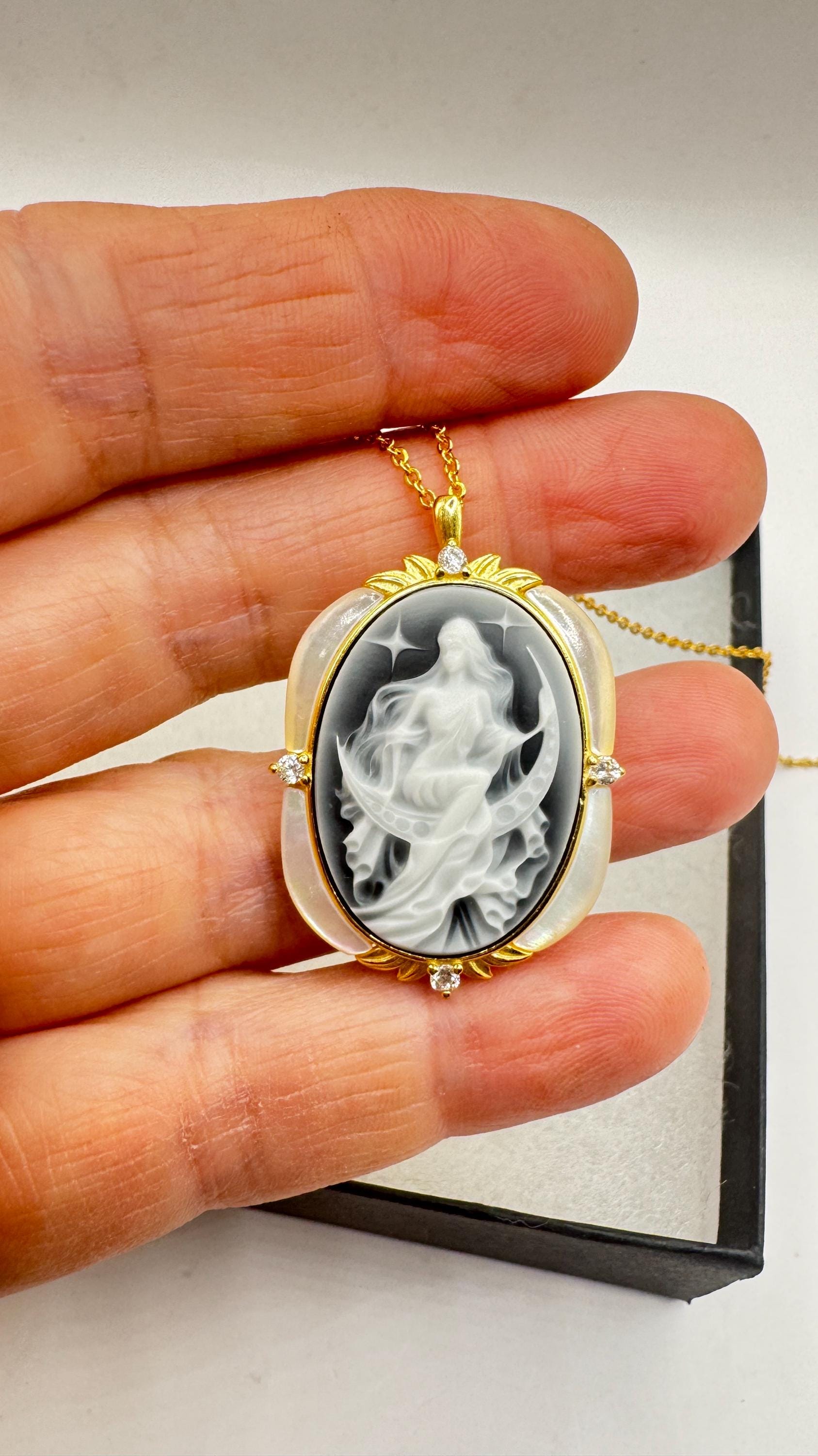 Vintage Moon Goddess Genuine Black Onyx Cameo Gold Sterling Silver Necklace Pin Brooch