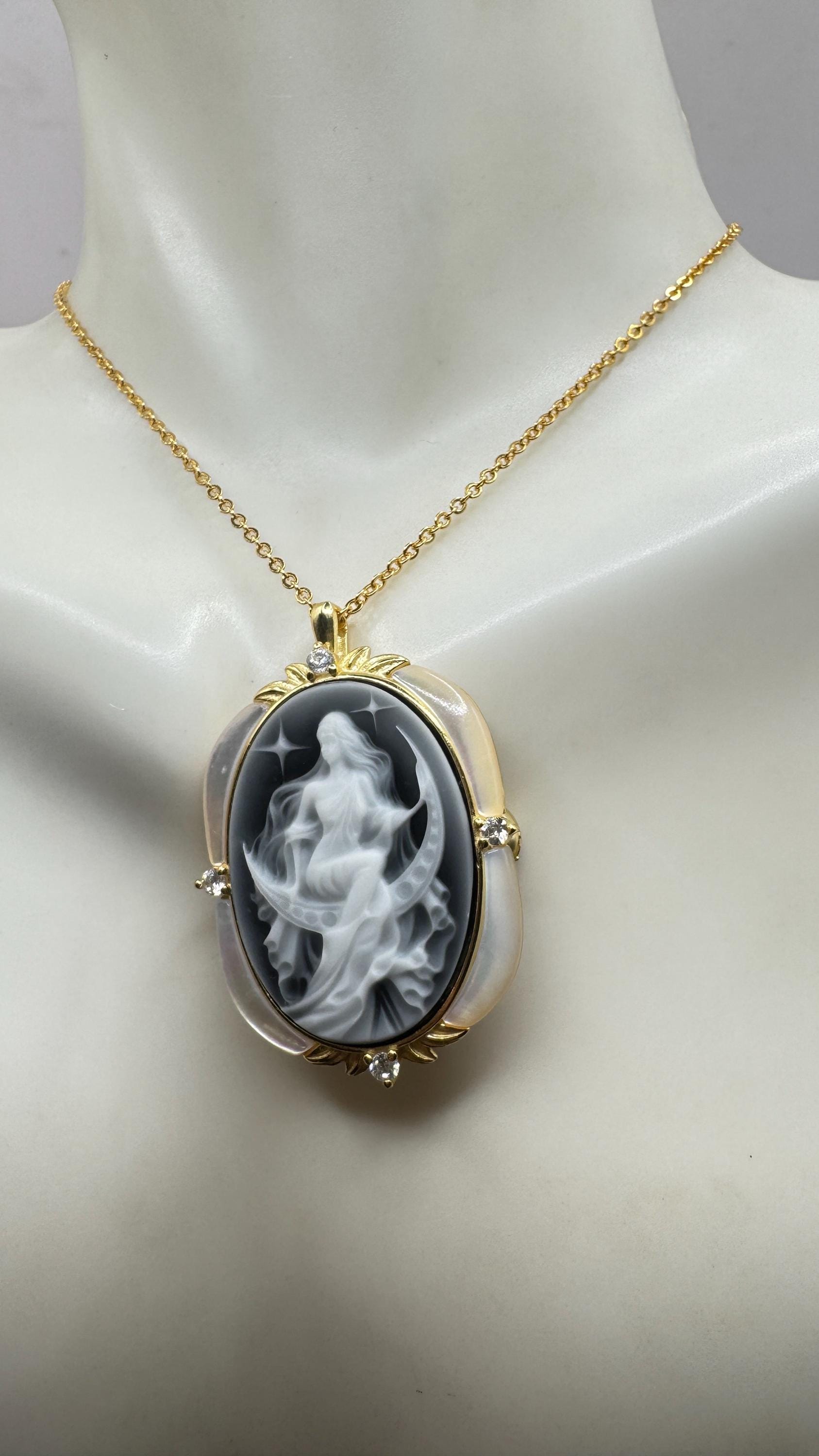 Vintage Moon Goddess Genuine Black Onyx Cameo Gold Sterling Silver Necklace Pin Brooch