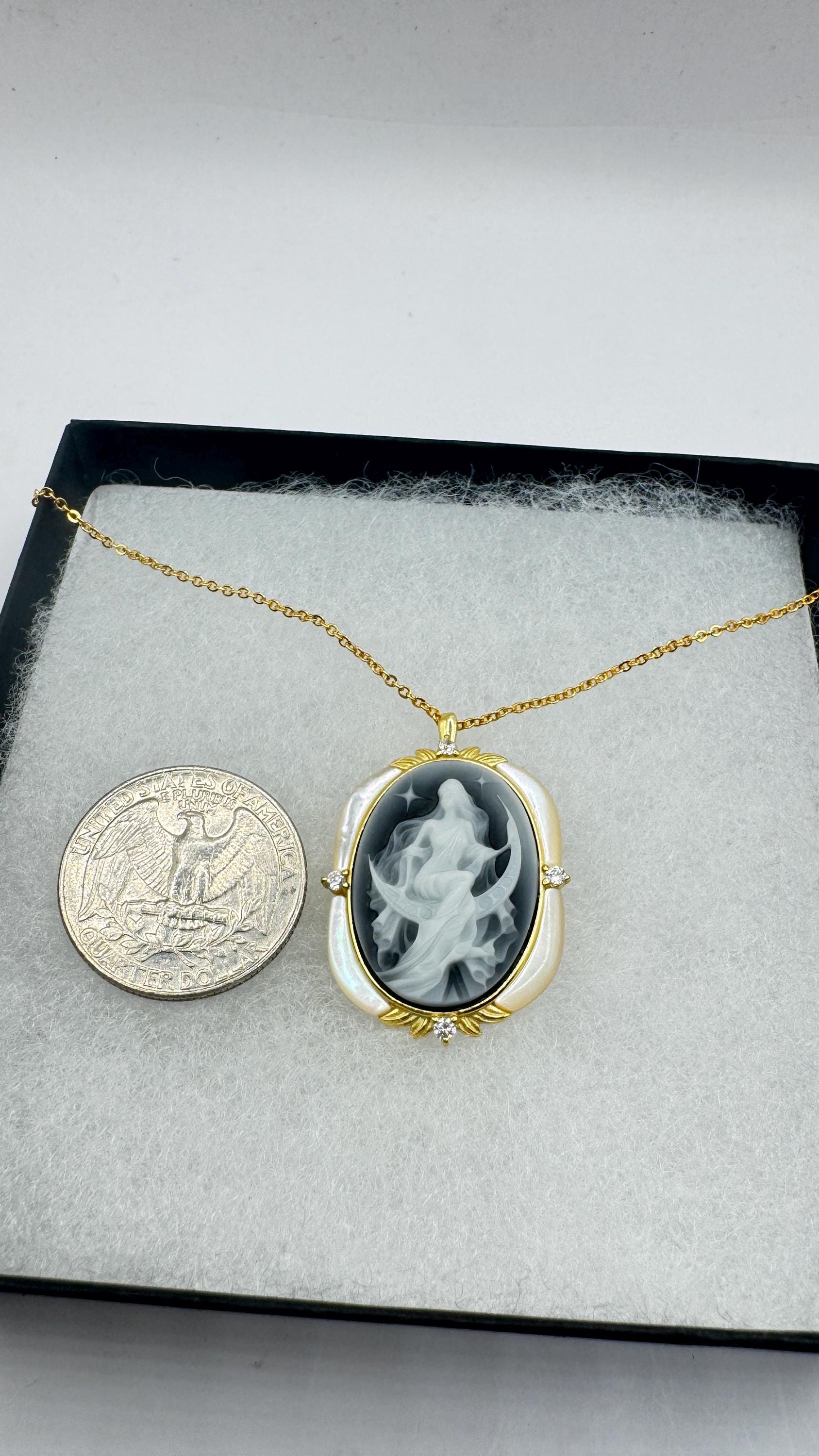 Vintage Moon Goddess Genuine Black Onyx Cameo Gold Sterling Silver Necklace Pin Brooch