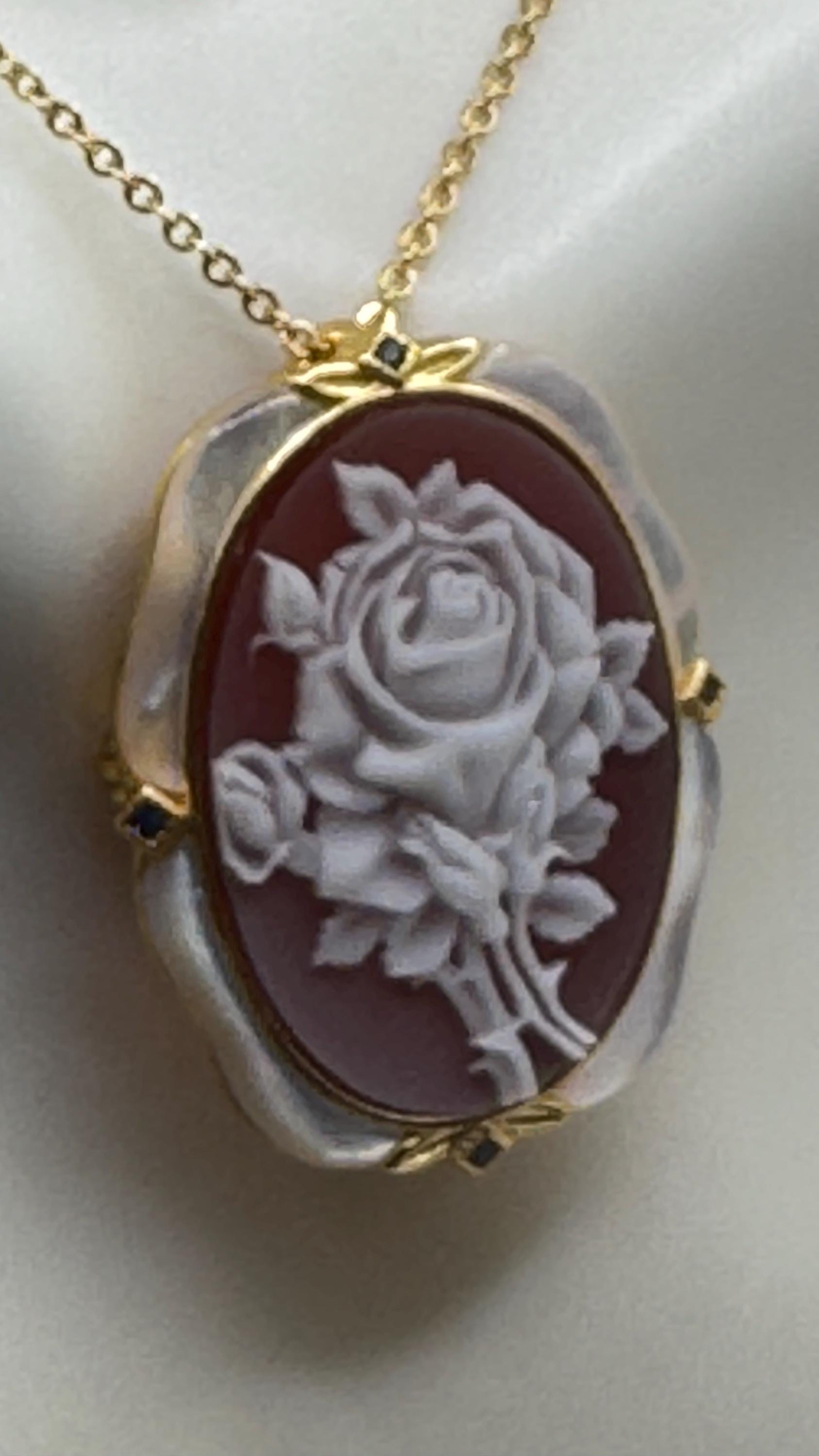 Vintage Rose Flower Cameo Yellow Gold 925 Sterling Silver Necklace Choker
