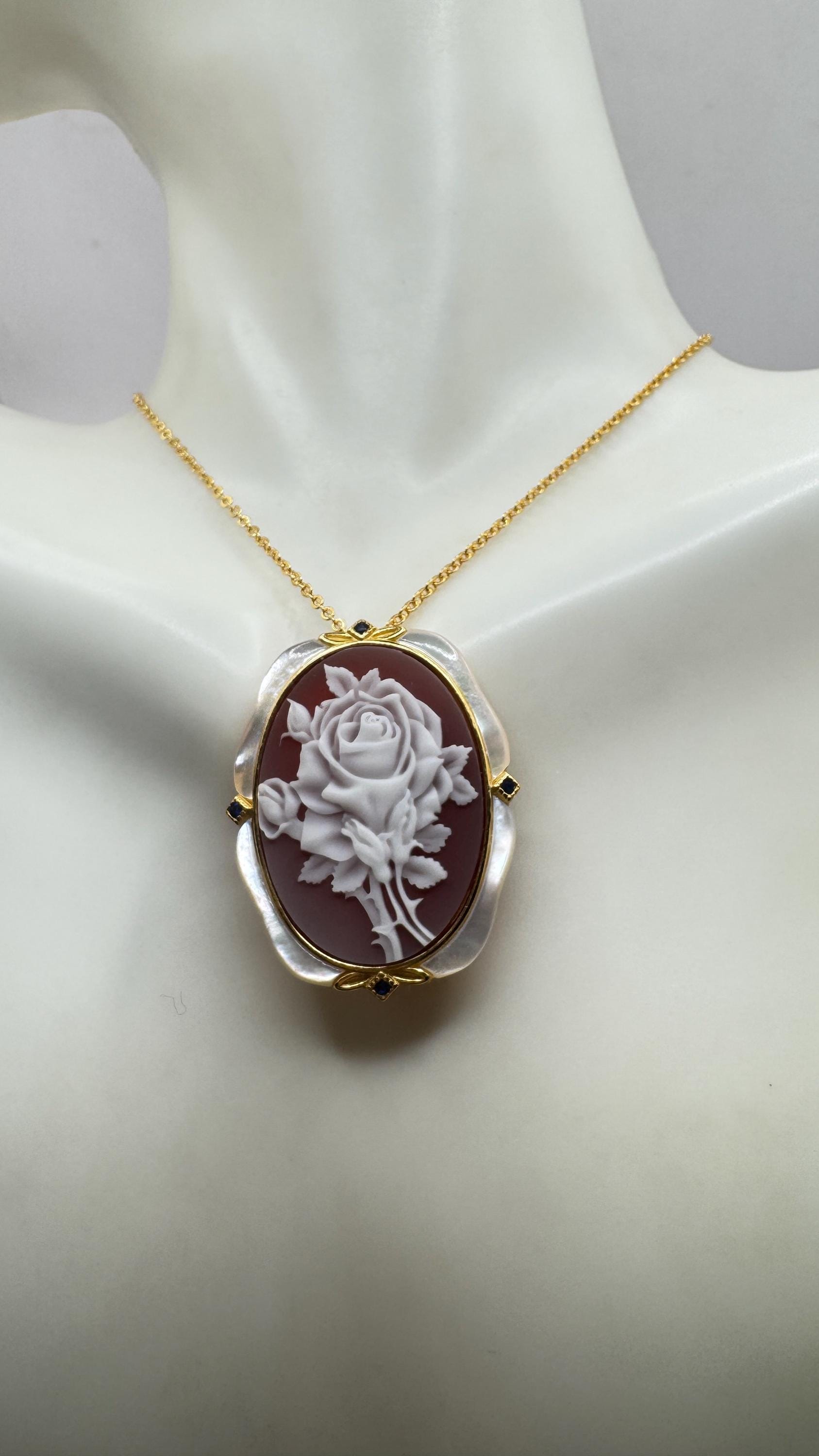 Vintage Rose Flower Cameo Yellow Gold 925 Sterling Silver Necklace Choker