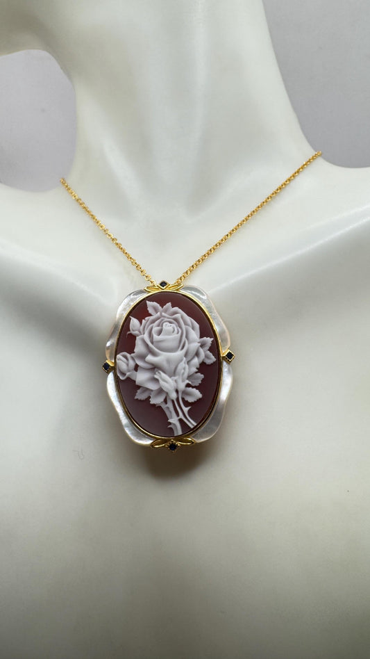 Vintage Rose Flower Cameo Yellow Gold 925 Sterling Silver Necklace Choker