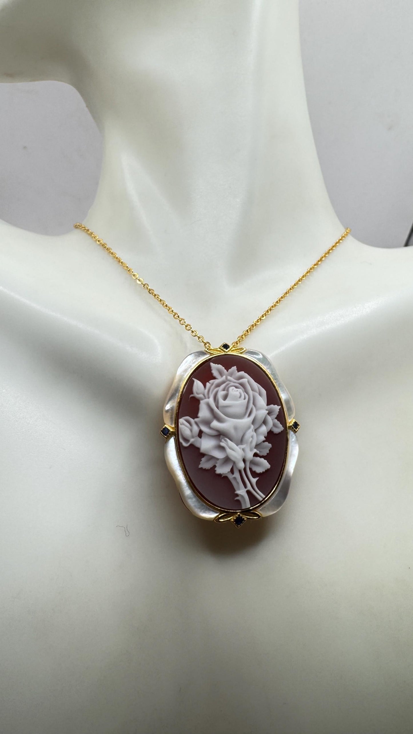 Vintage Rose Flower Cameo Yellow Gold 925 Sterling Silver Necklace Choker