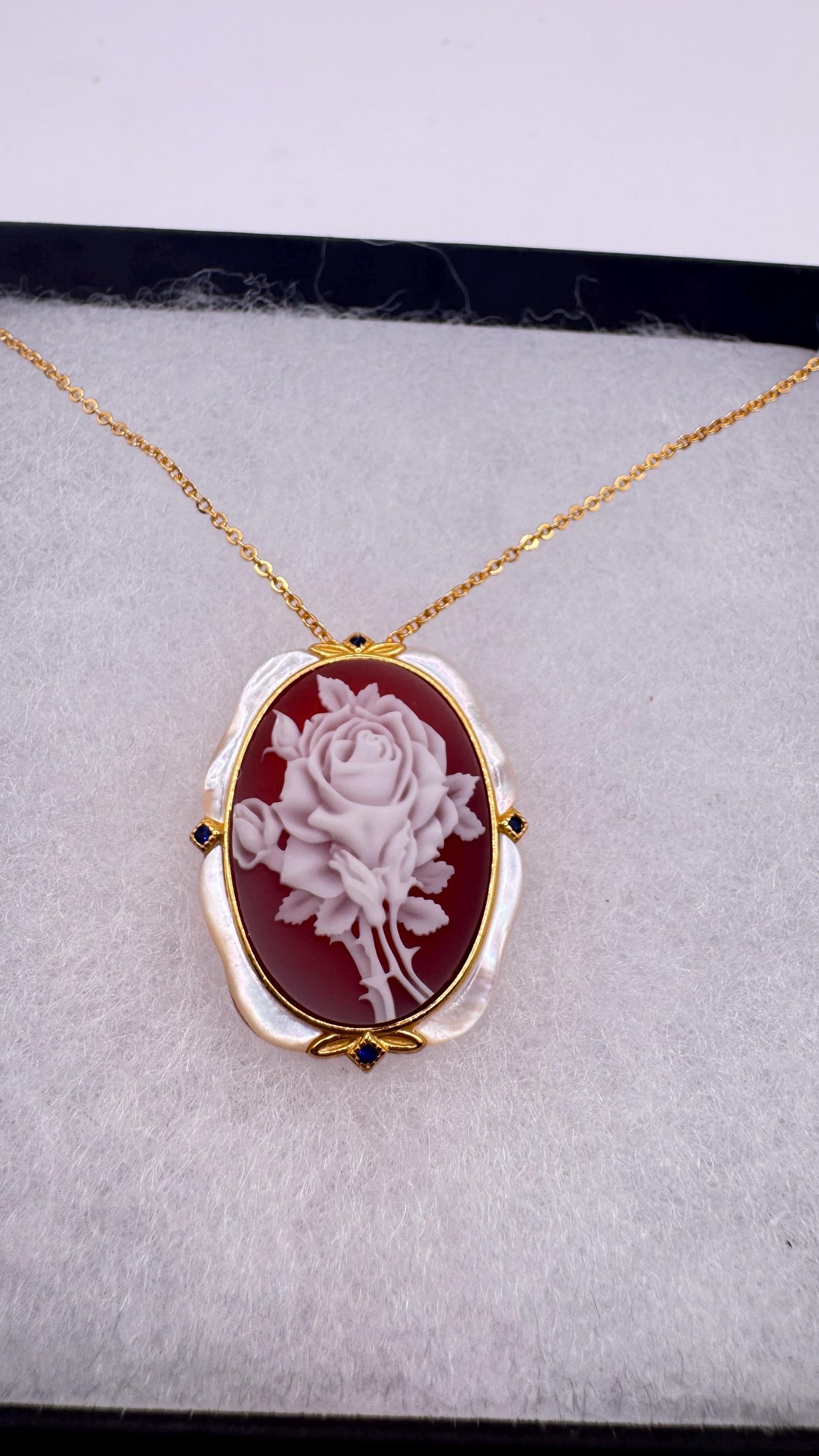 Vintage Rose Flower Cameo Yellow Gold 925 Sterling Silver Necklace Choker