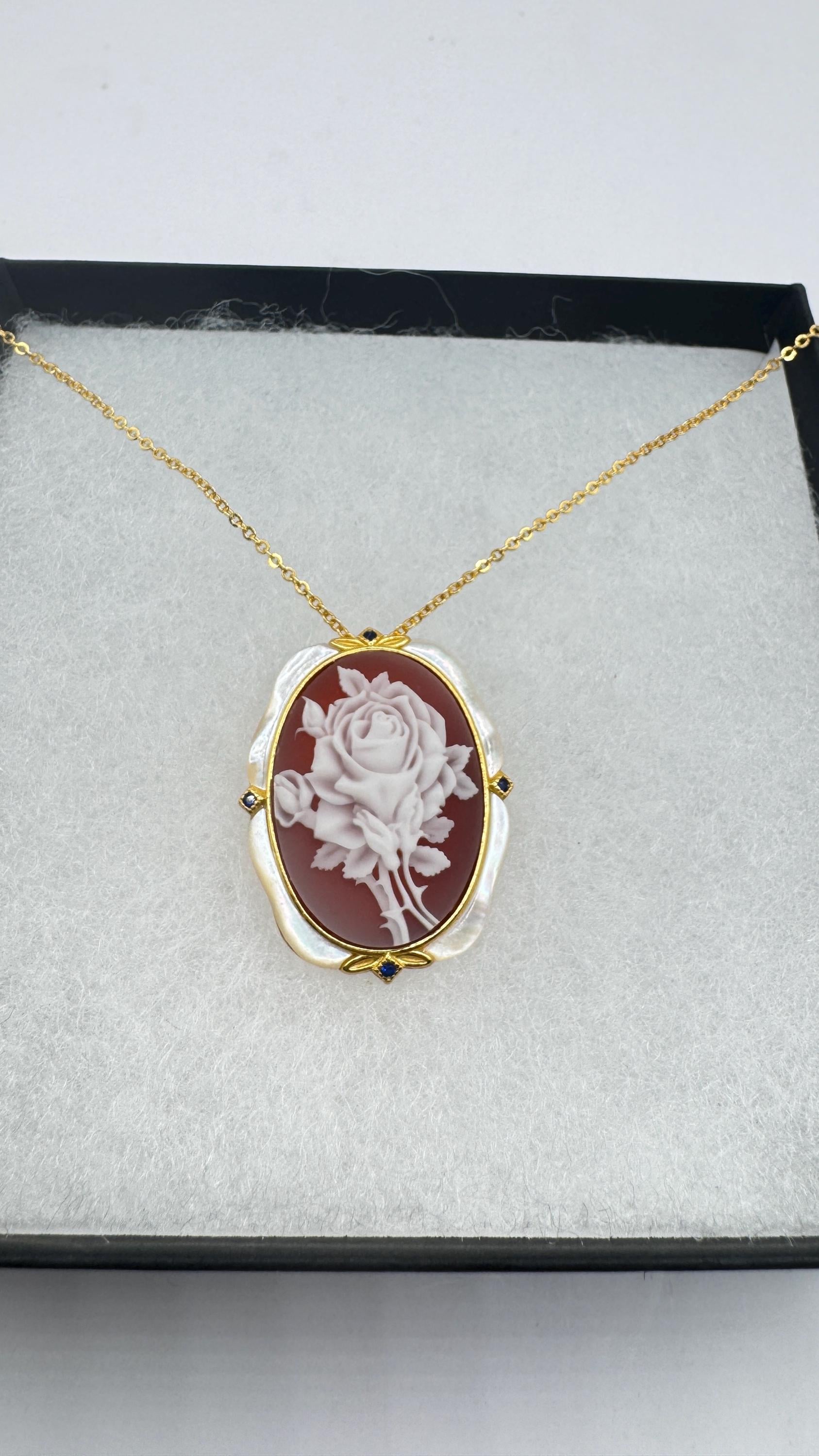 Vintage Rose Flower Cameo Yellow Gold 925 Sterling Silver Necklace Choker