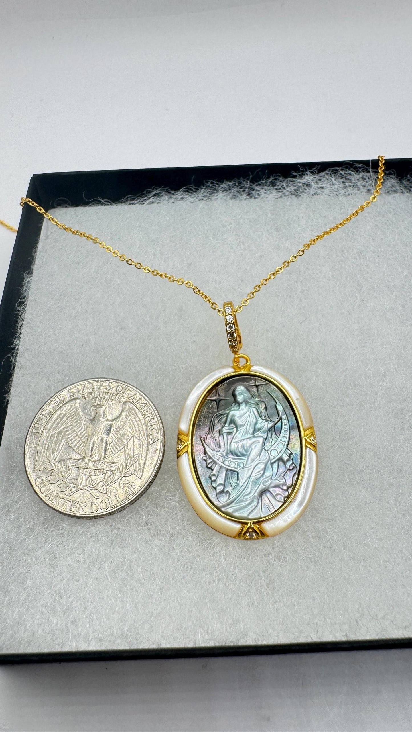 Vintage Moon Goddess Genuine Abalone Cameo Sterling Silver Necklace Pin brooch