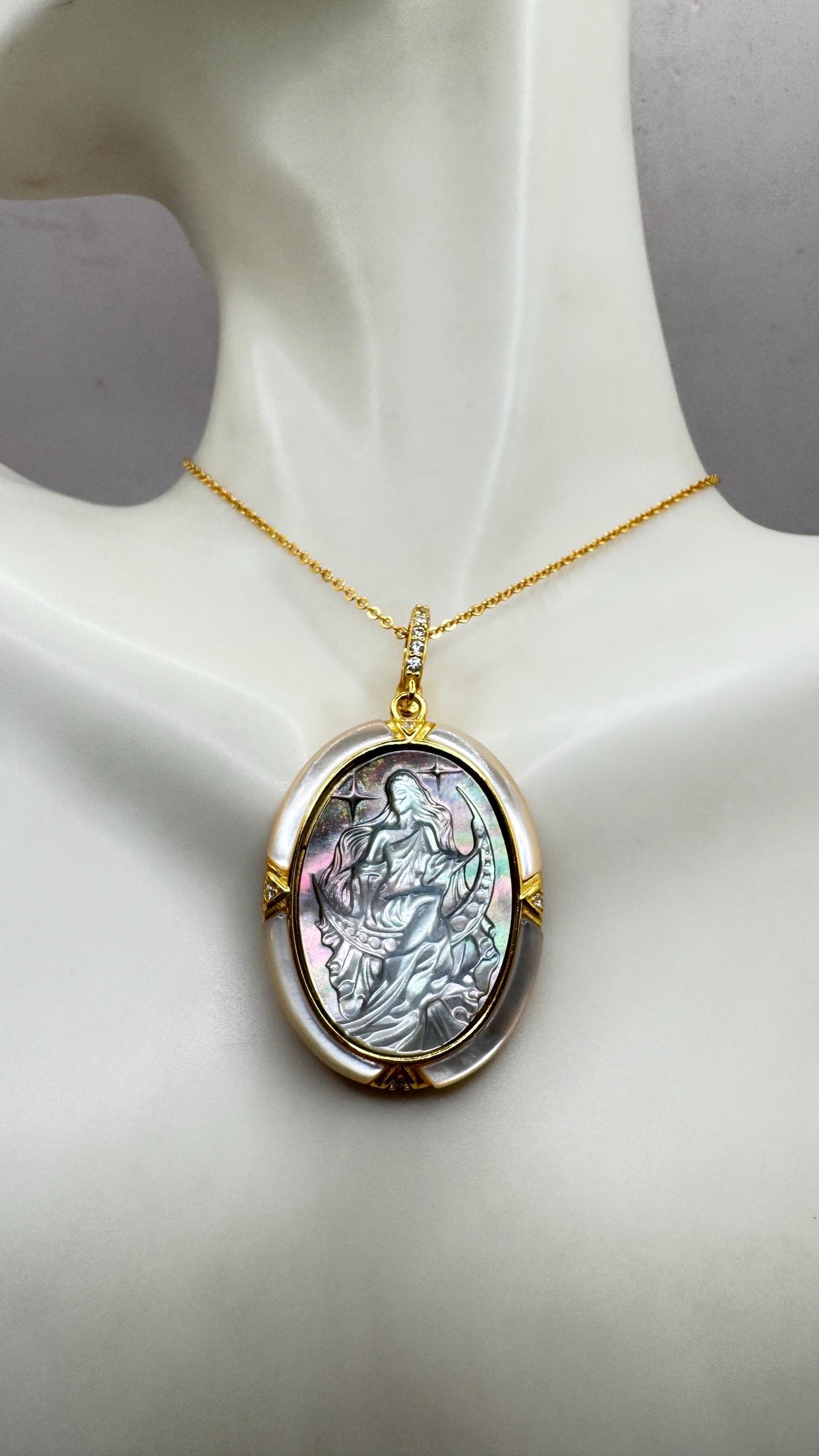 Vintage Moon Goddess Genuine Abalone Cameo Sterling Silver Necklace Pin brooch