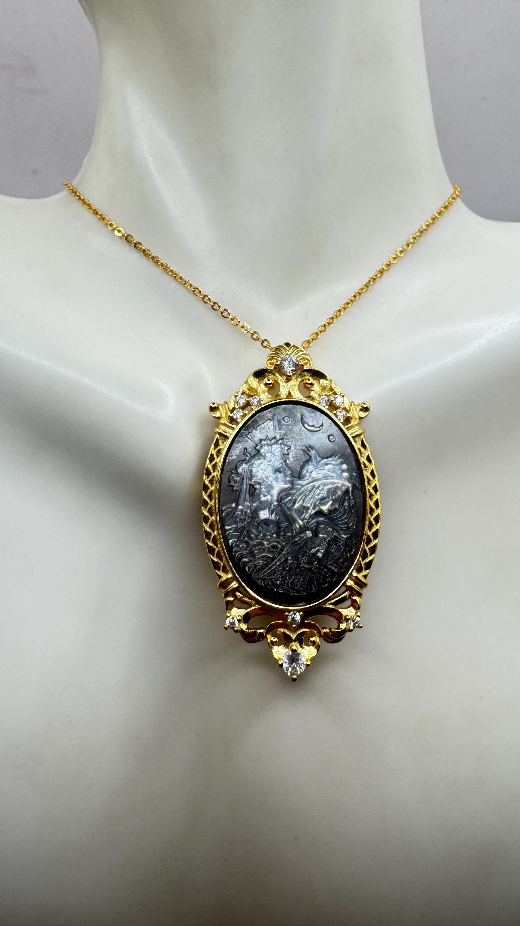 Vintage Moon Goddess Genuine Abalone Cameo Gold Sterling Silver Necklace Pin brooch