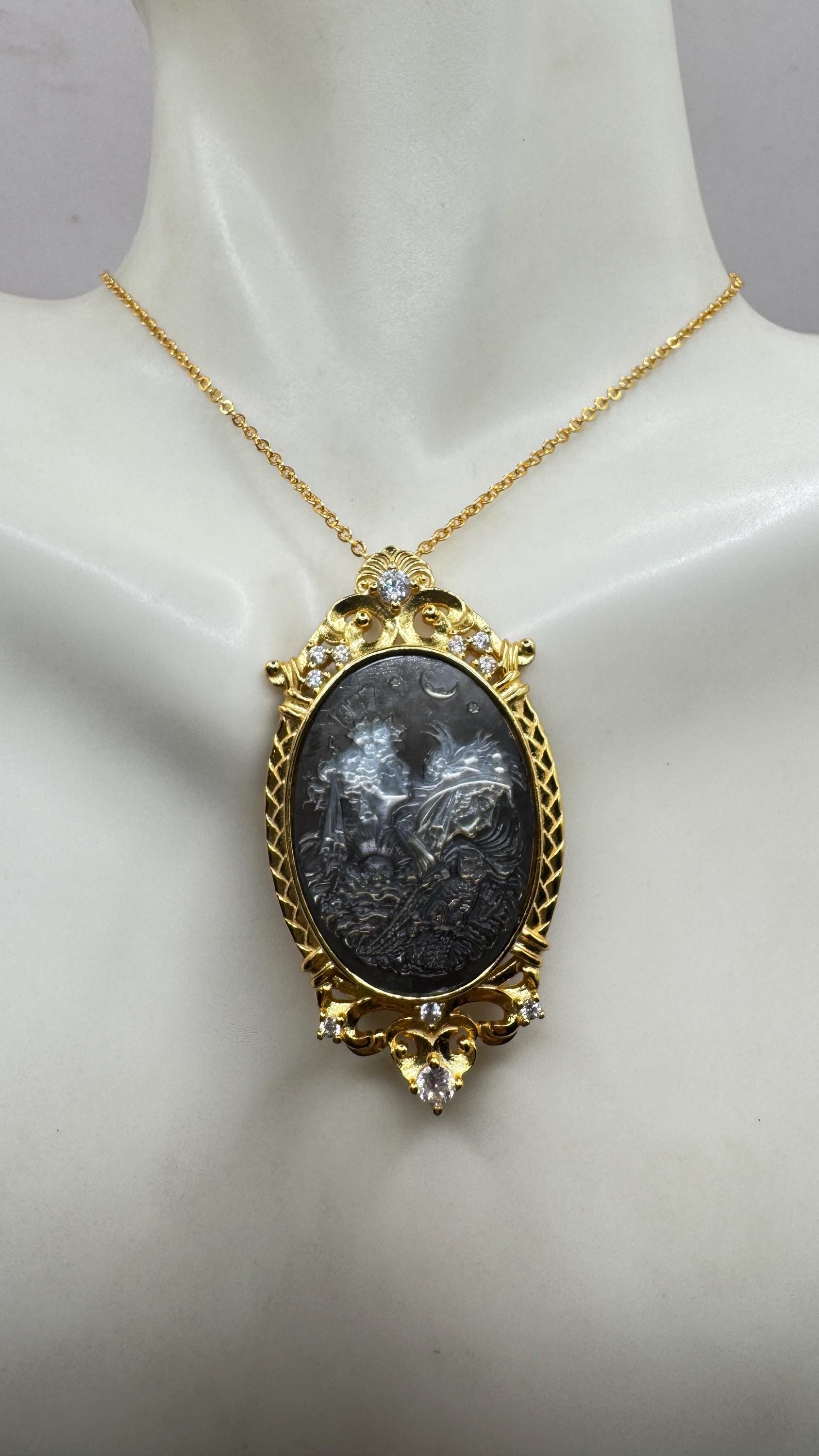 Vintage Moon Goddess Genuine Abalone Cameo Gold Sterling Silver Necklace Pin brooch