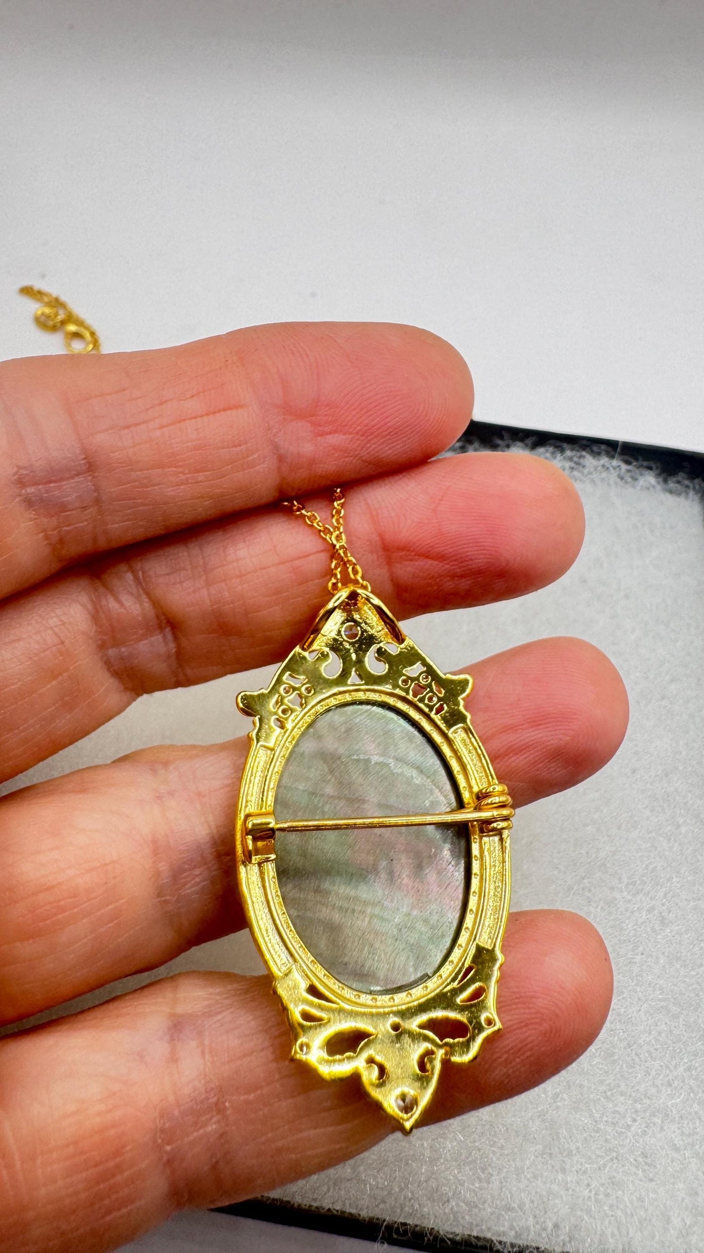 Vintage Moon Goddess Genuine Abalone Cameo Gold Sterling Silver Necklace Pin brooch