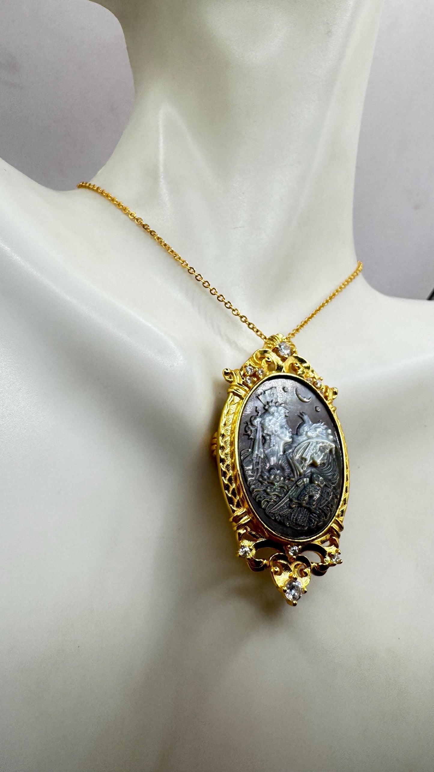 Vintage Moon Goddess Genuine Abalone Cameo Gold Sterling Silver Necklace Pin brooch