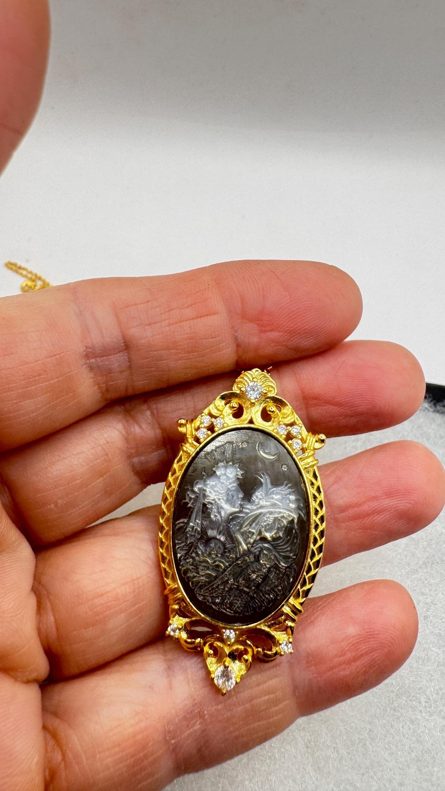 Vintage Moon Goddess Genuine Abalone Cameo Gold Sterling Silver Necklace Pin brooch