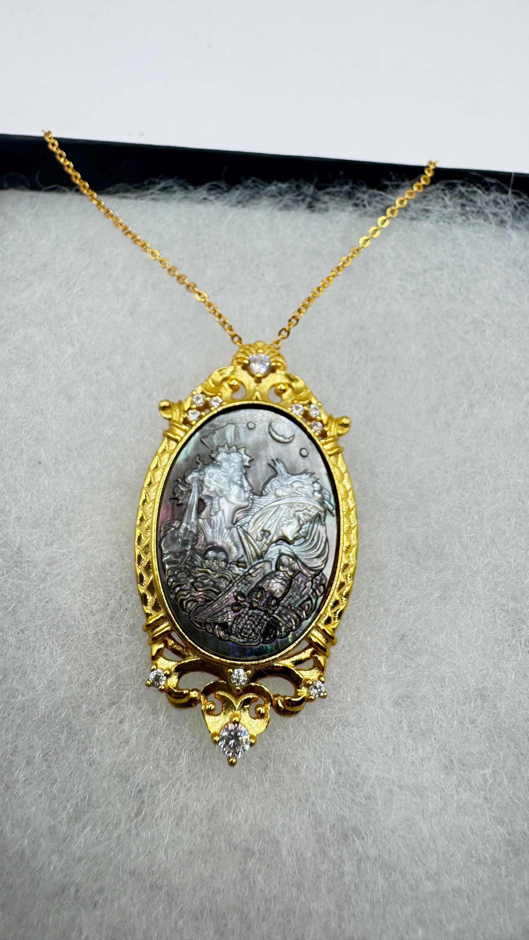 Vintage Moon Goddess Genuine Abalone Cameo Gold Sterling Silver Necklace Pin brooch