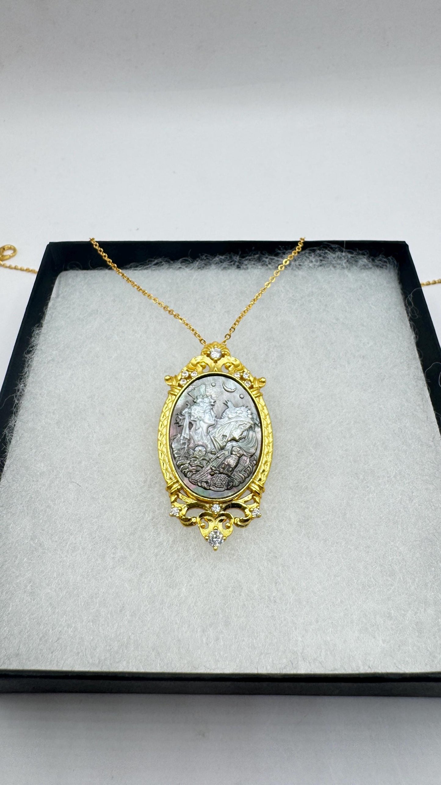 Vintage Moon Goddess Genuine Abalone Cameo Gold Sterling Silver Necklace Pin brooch