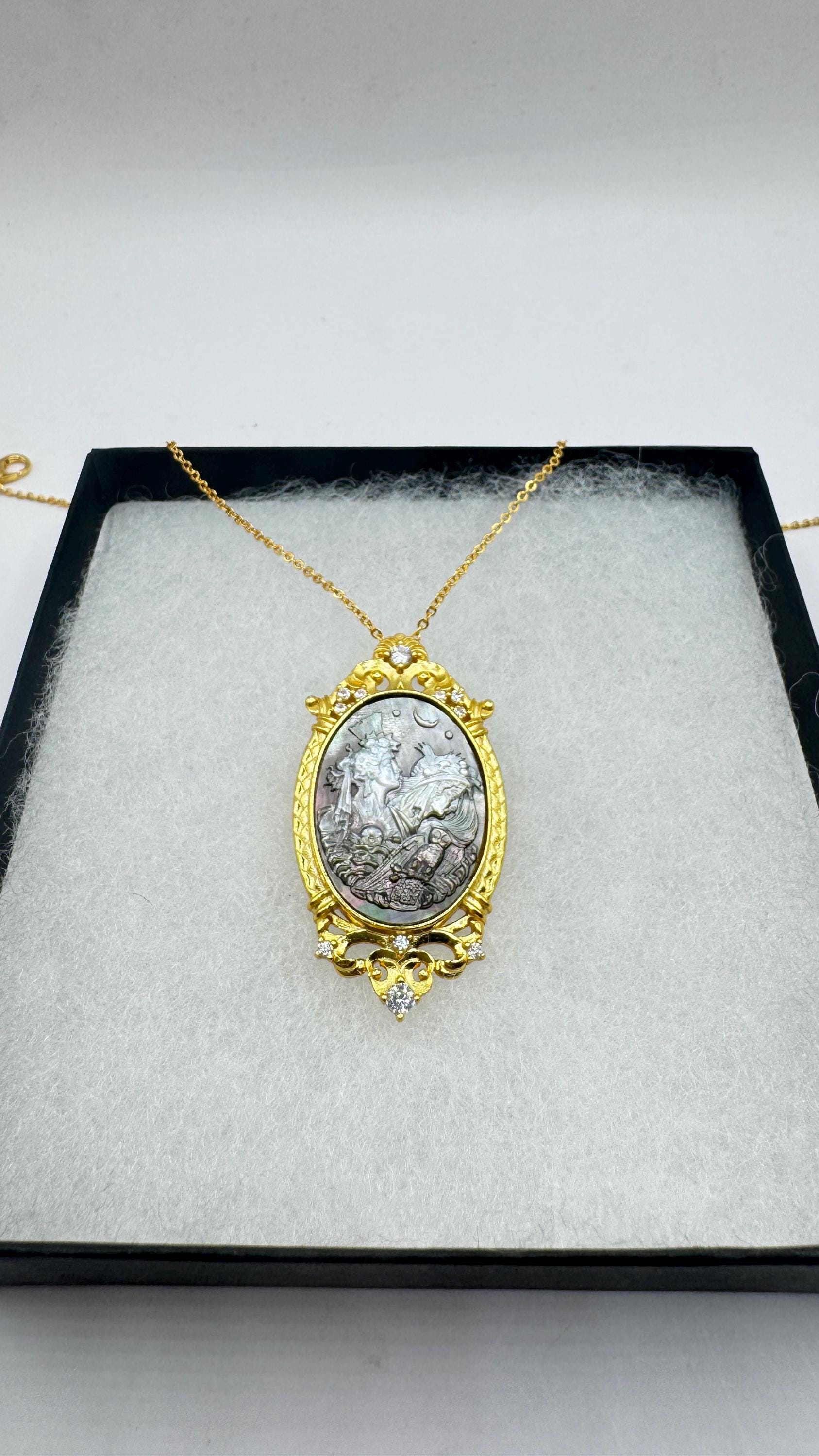 Vintage Moon Goddess Genuine Abalone Cameo Gold Sterling Silver Necklace Pin brooch