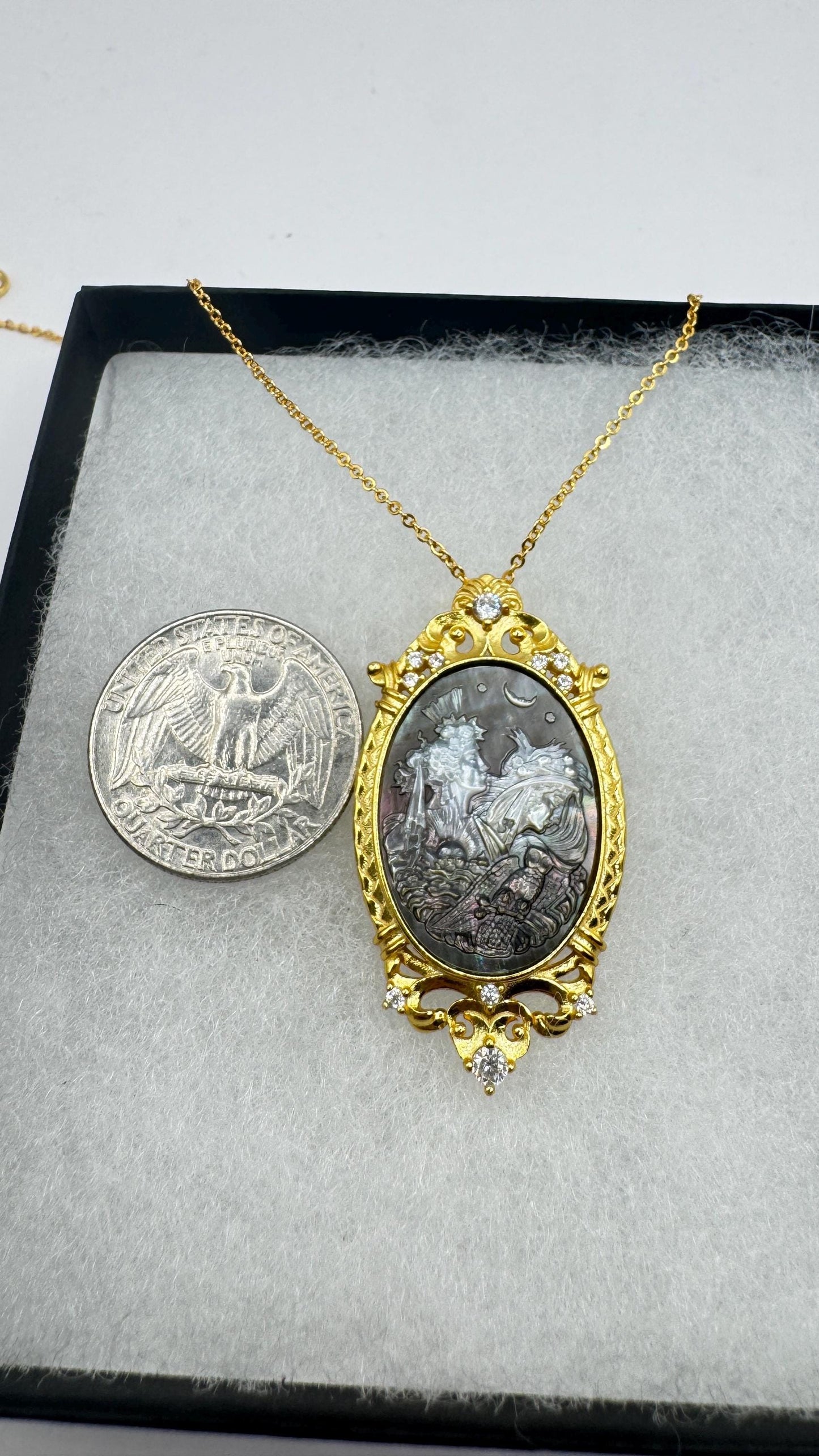 Vintage Moon Goddess Genuine Abalone Cameo Gold Sterling Silver Necklace Pin brooch