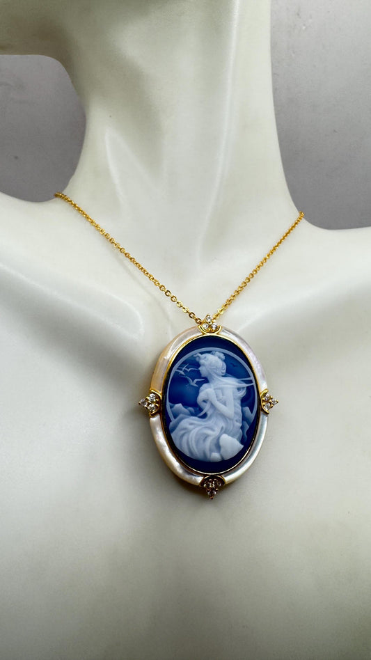 Vintage Moon Goddess Genuine Black Onyx Cameo Sterling Silver Necklace Choker