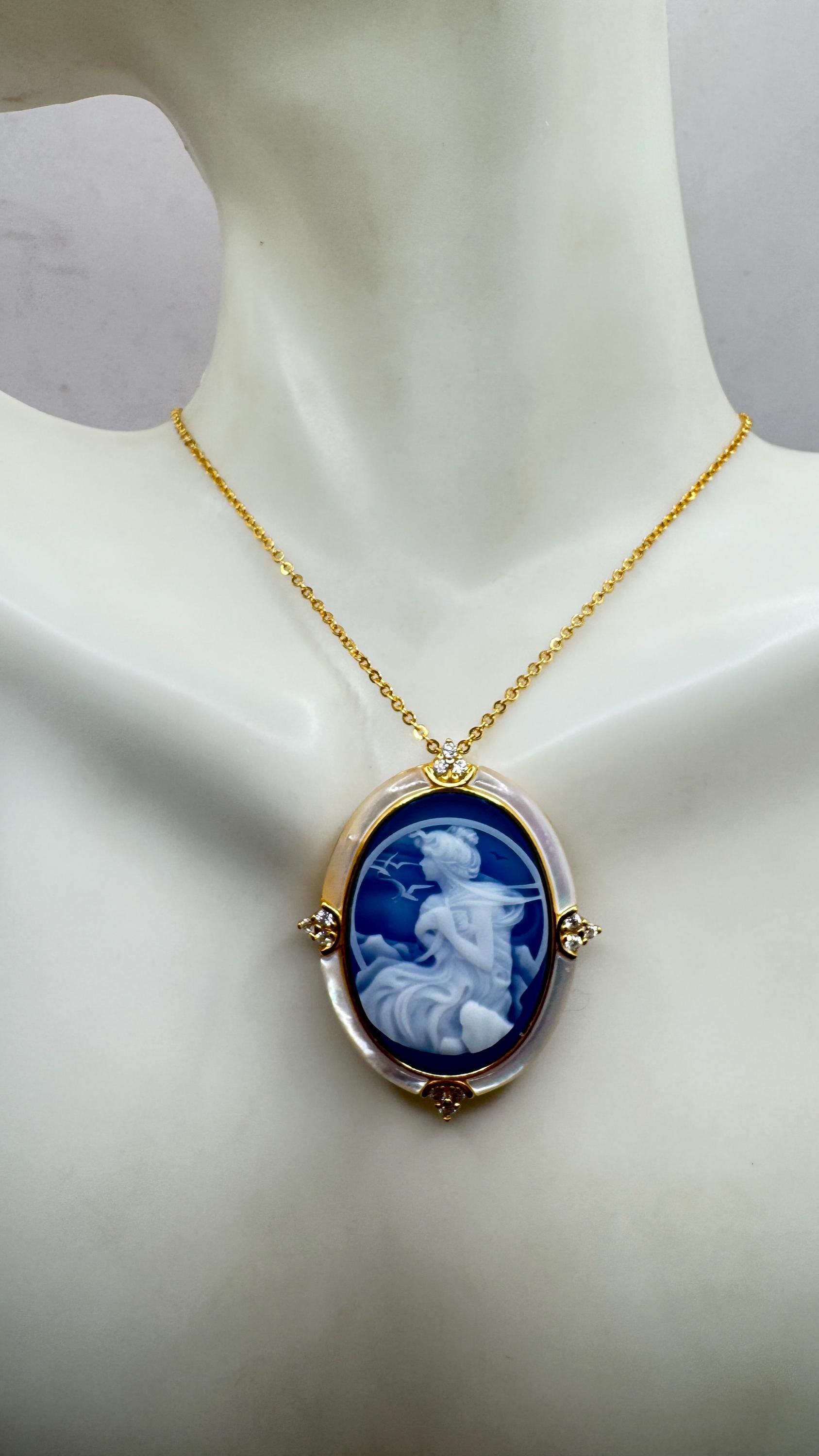 Vintage Moon Goddess Genuine Black Onyx Cameo Sterling Silver Necklace Choker