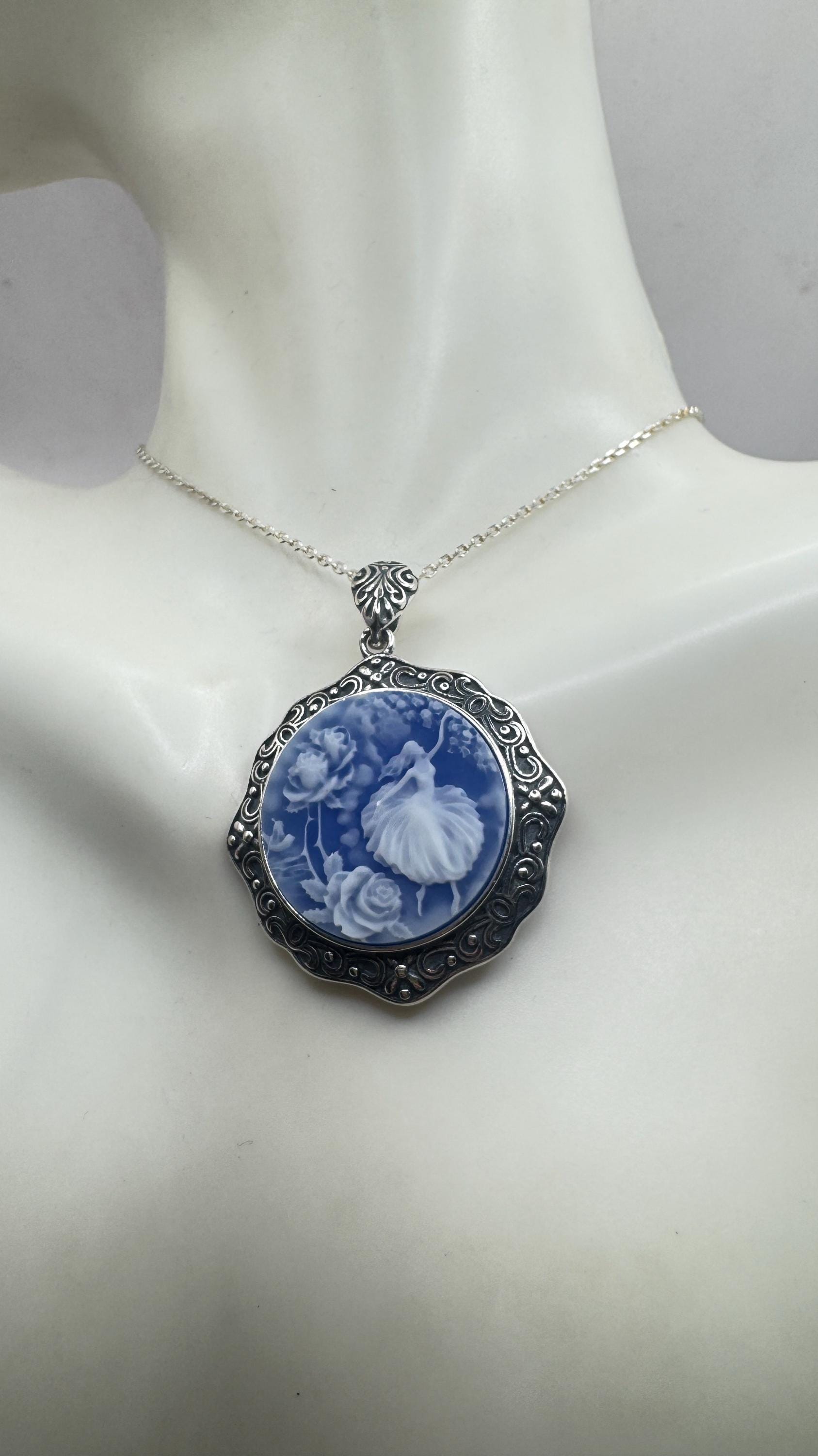 Vintage Blue Ballerina Cameo Flowers 925 Sterling Silver Necklace Choker