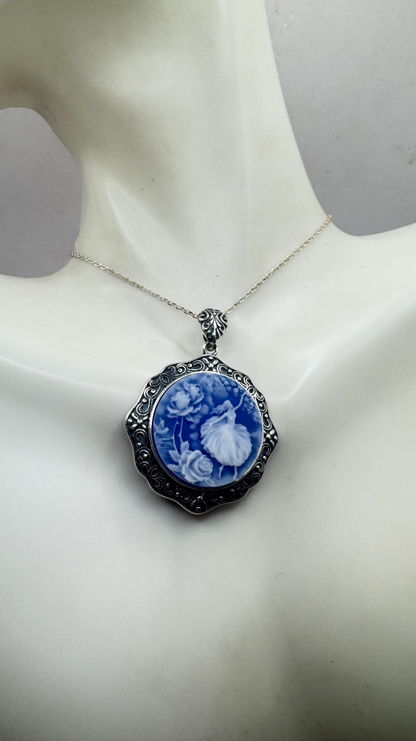 Vintage Blue Ballerina Cameo Flowers 925 Sterling Silver Necklace Choker