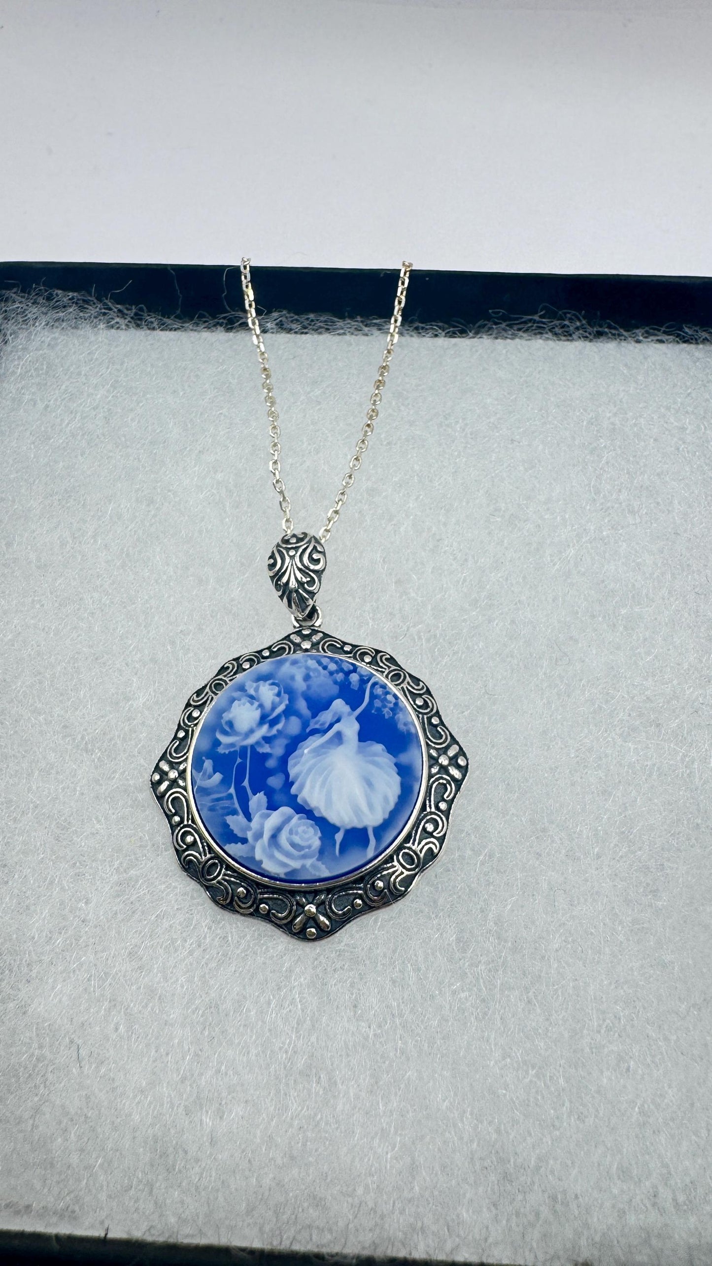 Vintage Blue Ballerina Cameo Flowers 925 Sterling Silver Necklace Choker