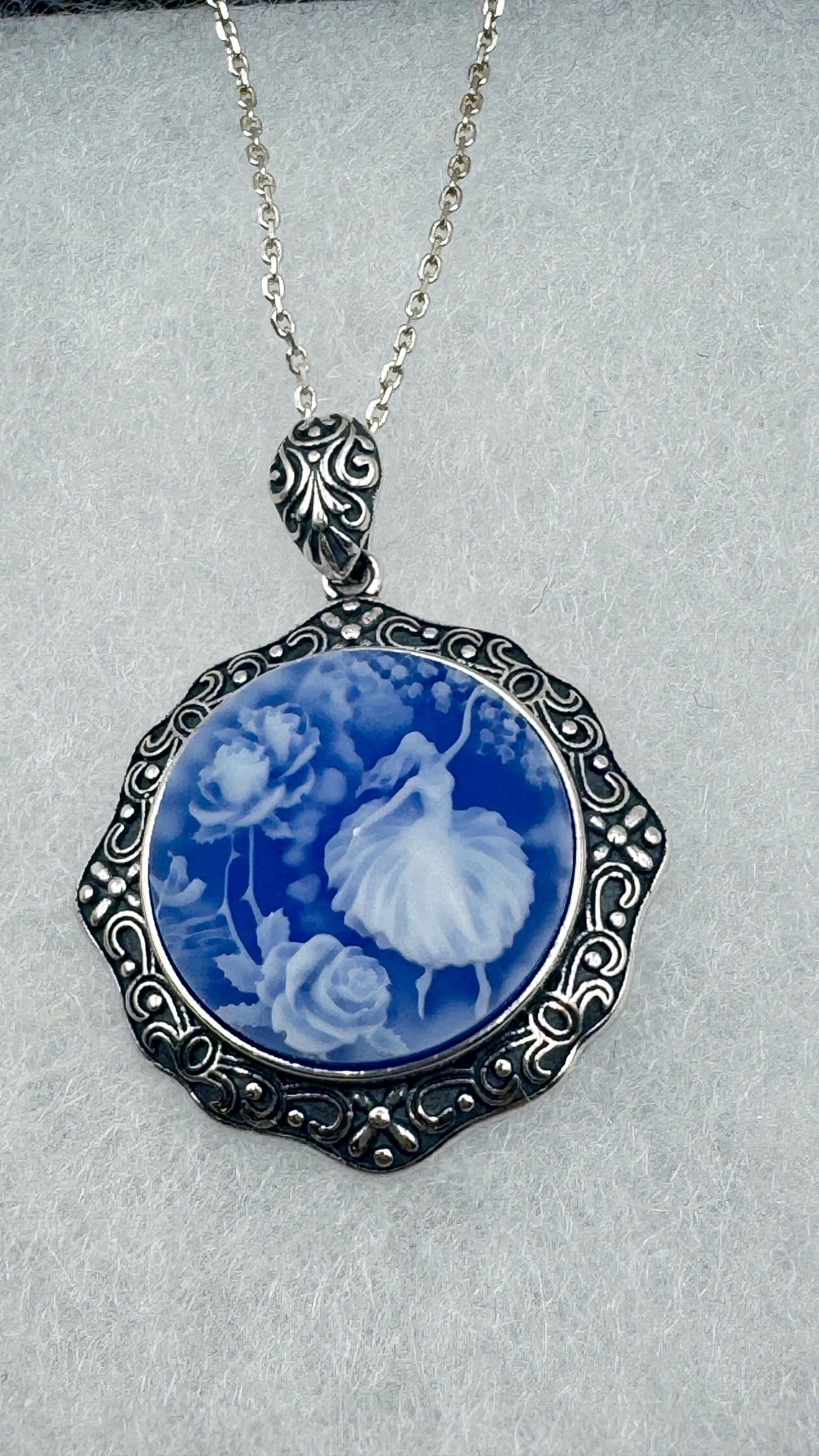 Vintage Blue Ballerina Cameo Flowers 925 Sterling Silver Necklace Choker