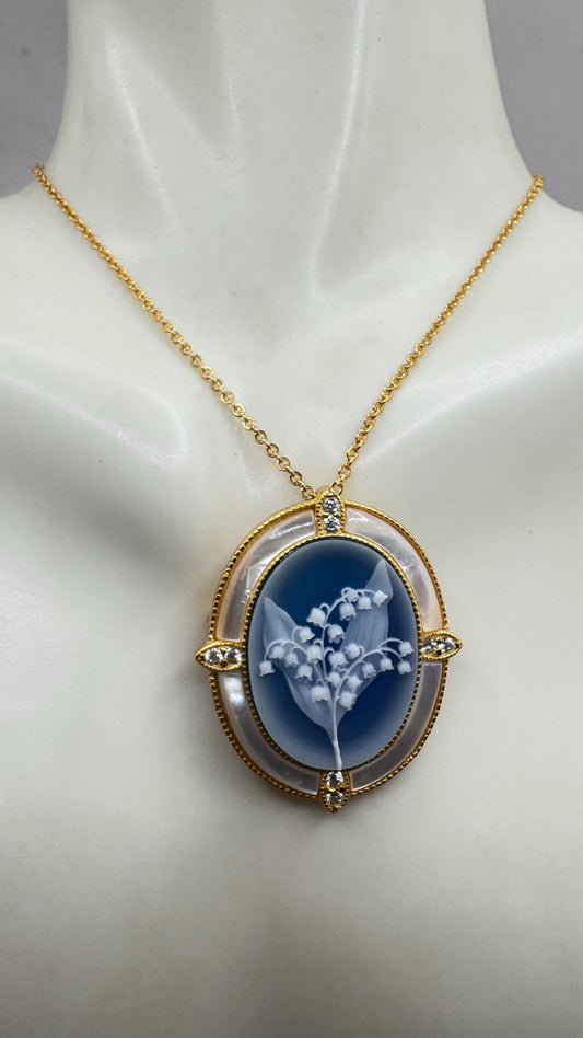 Vintage Lily of the Valley Blue Onyx Cameo Choker Gold 925 Sterling Silver Necklace Pin Brooch