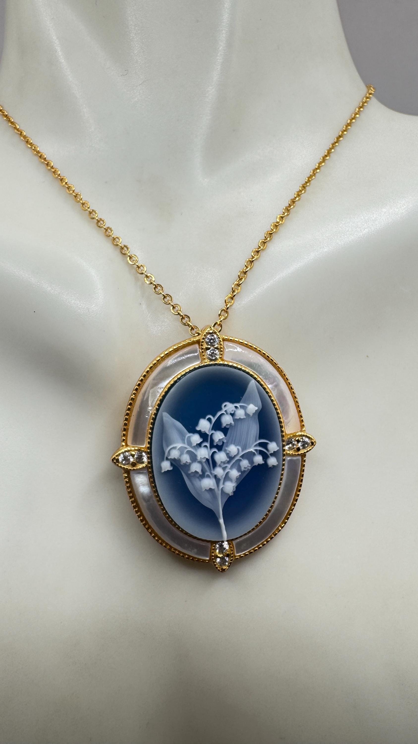 Vintage Lily of the Valley Blue Onyx Cameo Choker Gold 925 Sterling Silver Necklace Pin Brooch