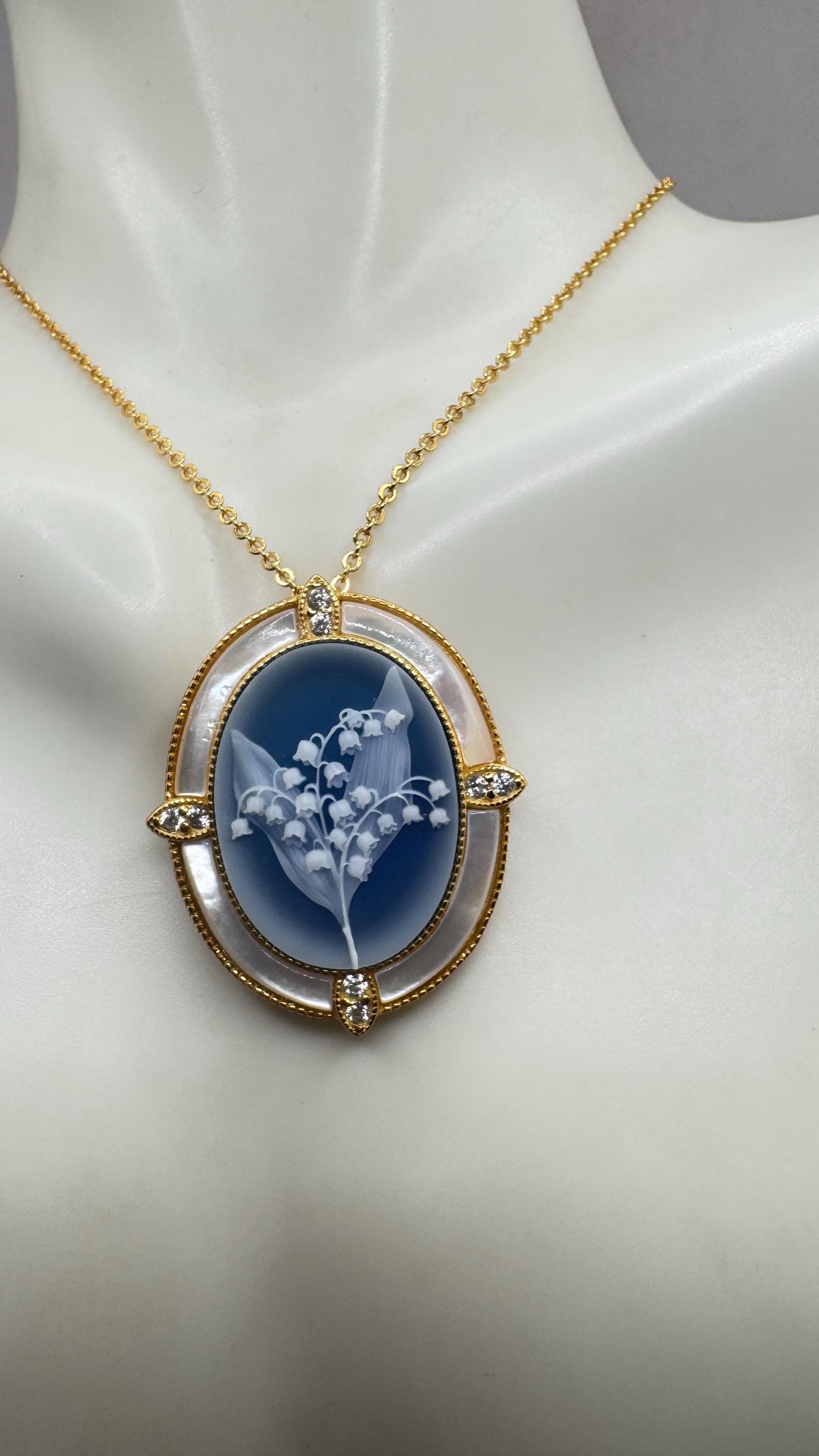 Vintage Lily of the Valley Blue Onyx Cameo Choker Gold 925 Sterling Silver Necklace Pin Brooch