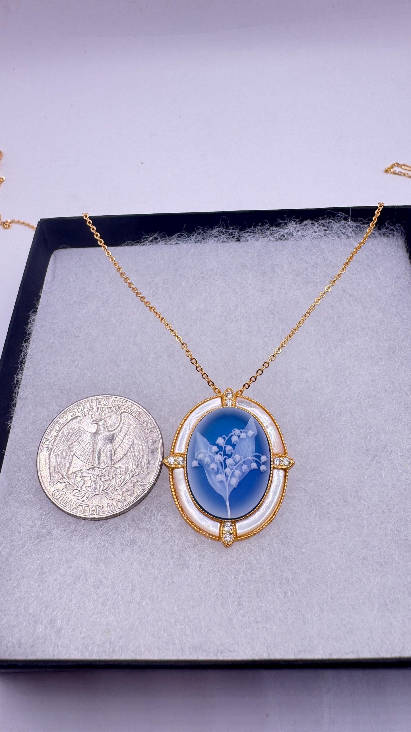 Vintage Lily of the Valley Blue Onyx Cameo Choker Gold 925 Sterling Silver Necklace Pin Brooch