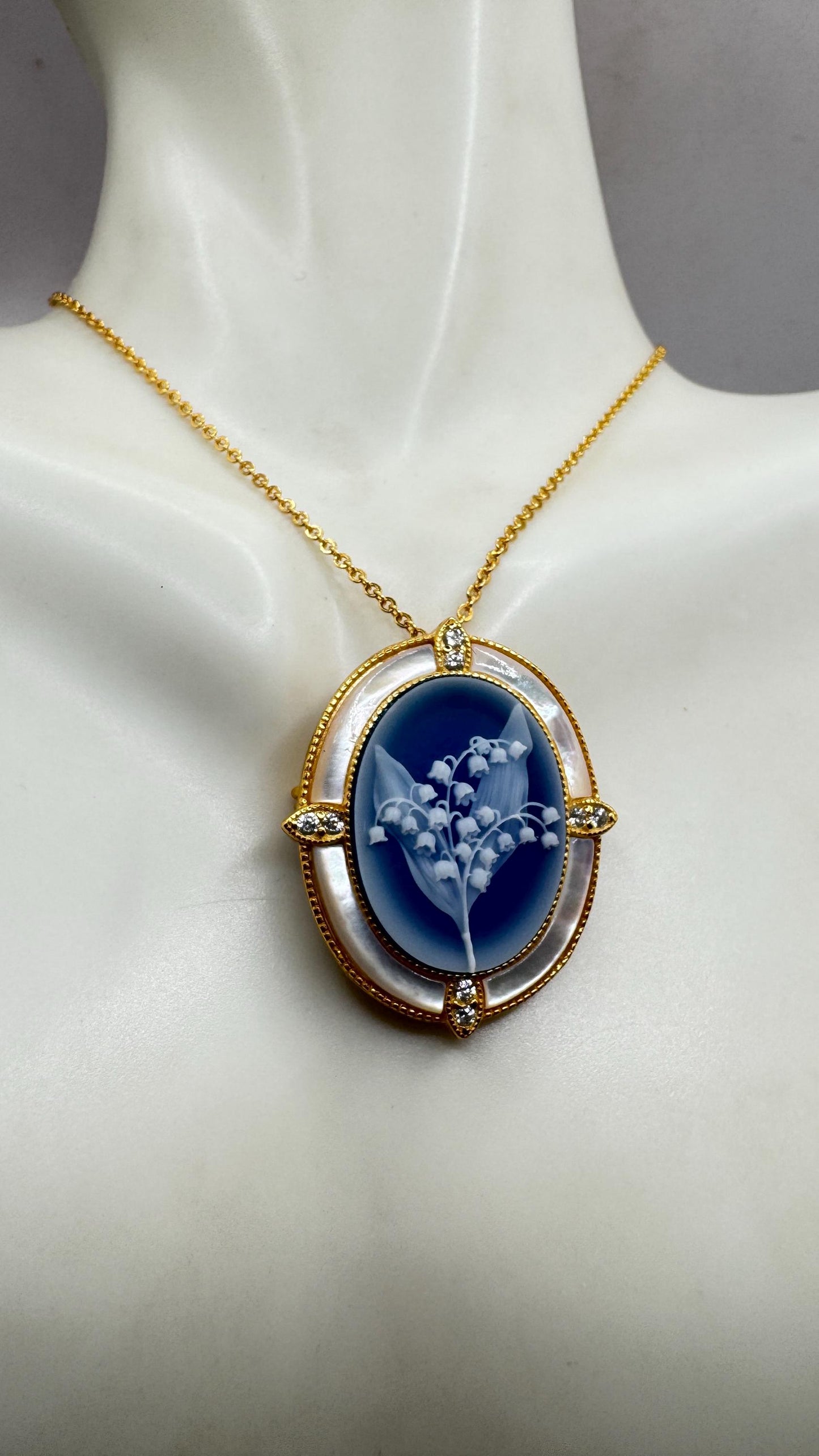 Vintage Lily of the Valley Blue Onyx Cameo Choker Gold 925 Sterling Silver Necklace Pin Brooch