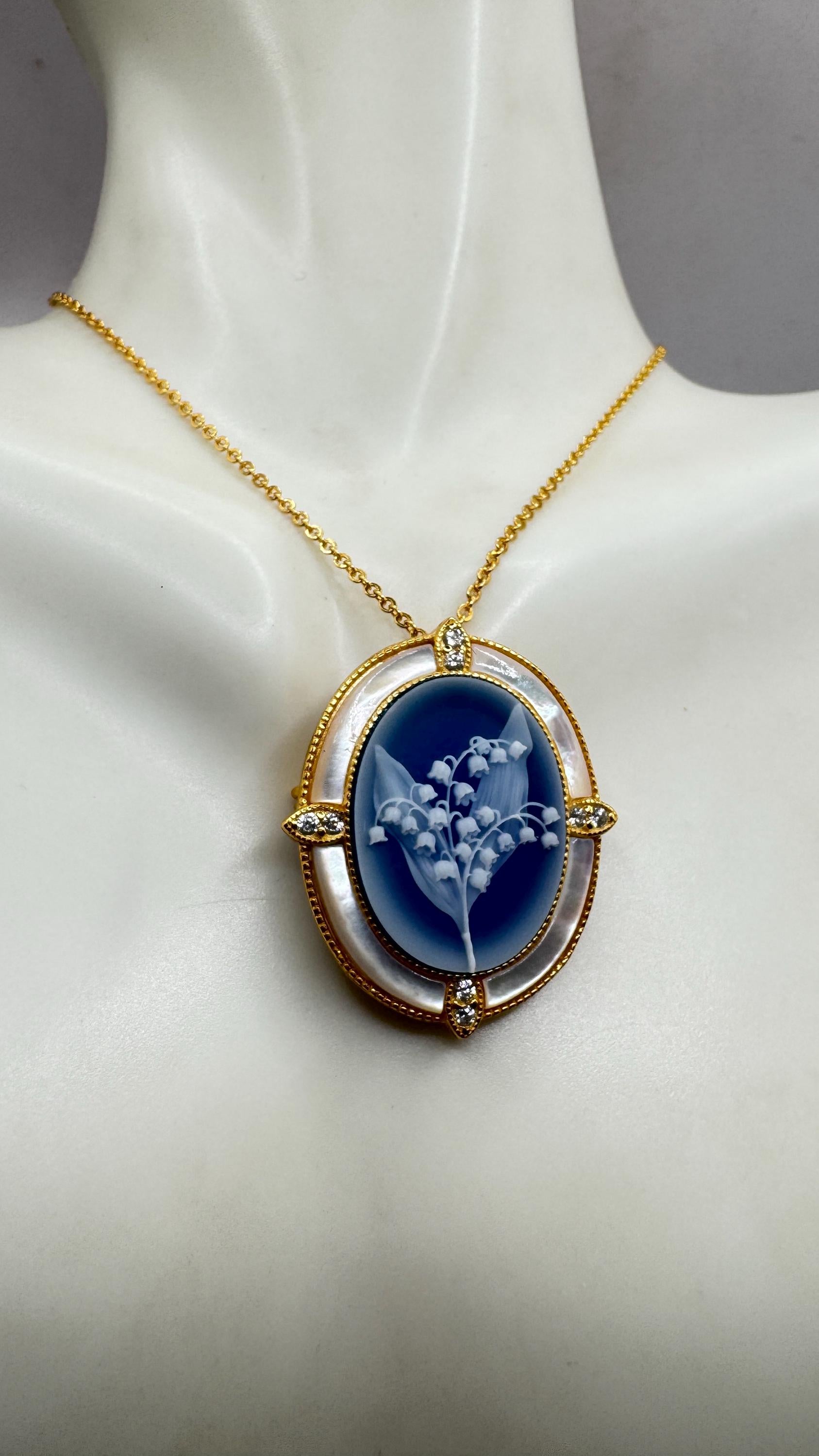Vintage Lily of the Valley Blue Onyx Cameo Choker Gold 925 Sterling Silver Necklace Pin Brooch