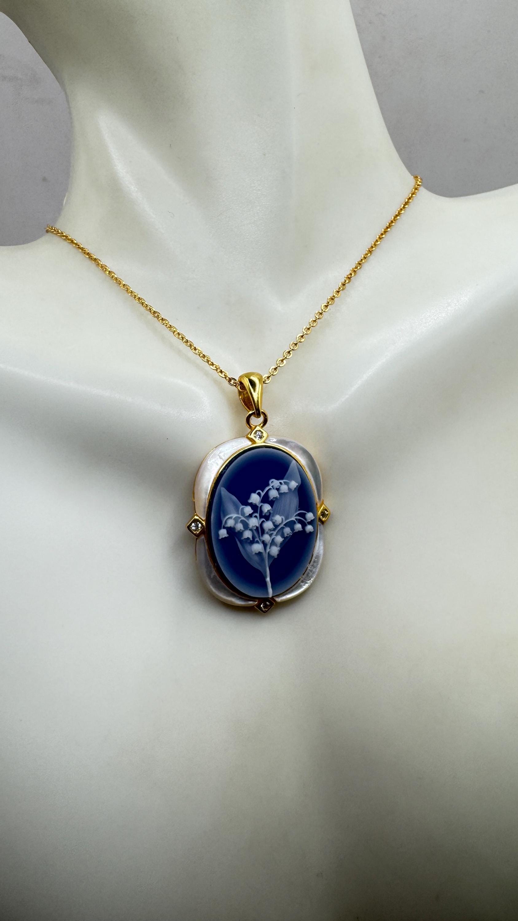 Vintage Lily of the Valley Blue Onyx Cameo Choker Gold 925 Sterling Silver Necklace