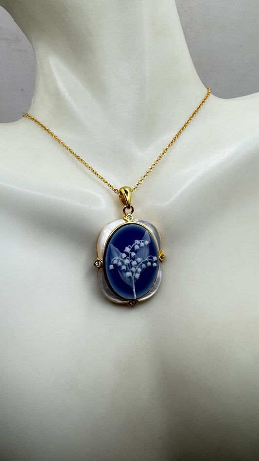 Vintage Lily of the Valley Blue Onyx Cameo Choker Gold 925 Sterling Silver Necklace